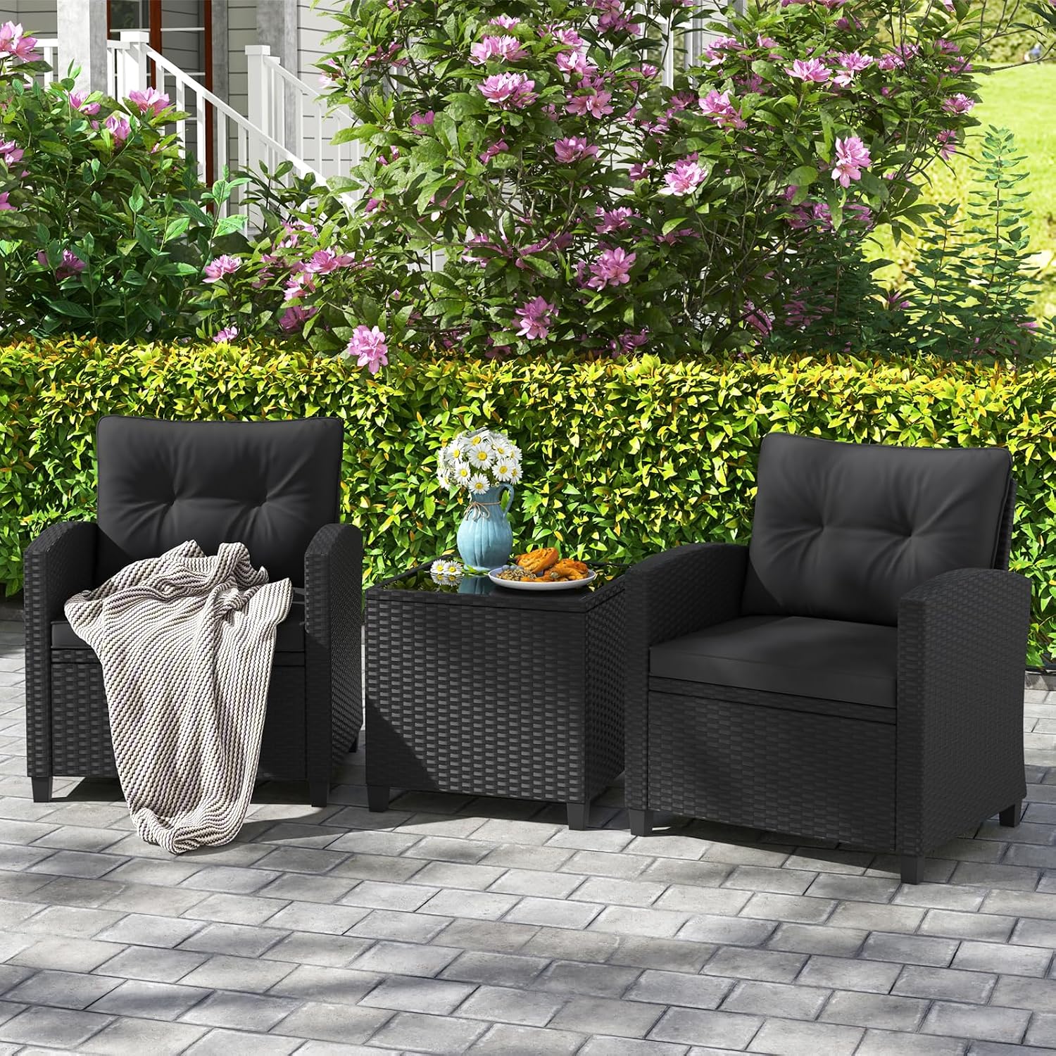 HAPPYGRILL 3 Pieces Wicker Patio Conversation Set, PE Rattan Bistro Sofa Set with Tempered Glass Coffee Table, Washable Cushions, Outdoor Furniture Set for Garden Poolside Balcony (Black)