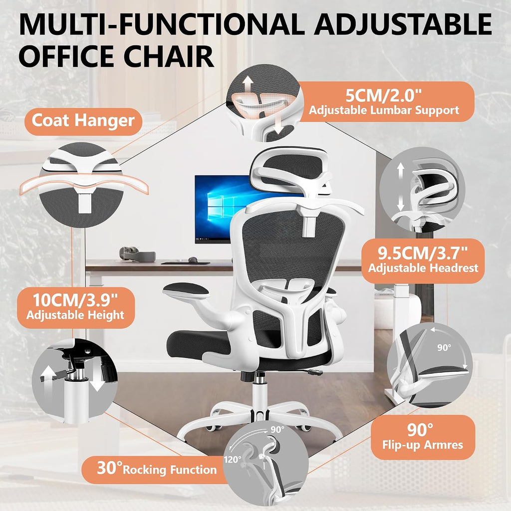 FelixKing Office Chair with Headrest, Ergonomic Desk Chair with Wheels, Task Swivel Comfy Chair with Adjustable Lumbar Support, Breathable Mesh Computer Chair with flip-up Armrests (White)