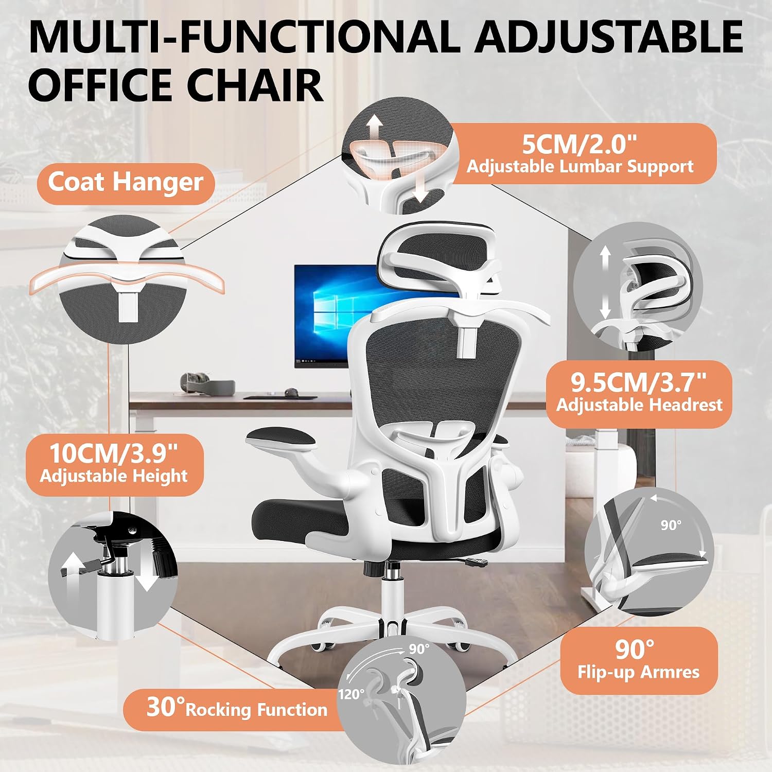 FelixKing Office Chair with Headrest, Ergonomic Desk Chair with Wheels, Task Swivel Comfy Chair with Adjustable Lumbar Support, Breathable Mesh Computer Chair with flip-up Armrests (White)