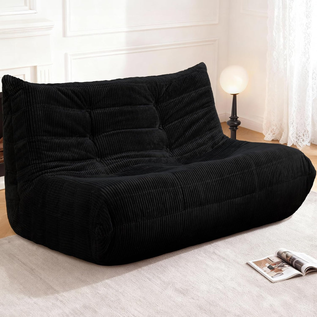 Bean Bag Chair,Giant Beanbag Chairs for Adults,Comfy Large Fireside Chair Lazy Sofa,Corduroy Bean Bag Lounger with Memory Foam Filled,Floor Sofa Couch for Home,Living Room (Black, Loveseat)