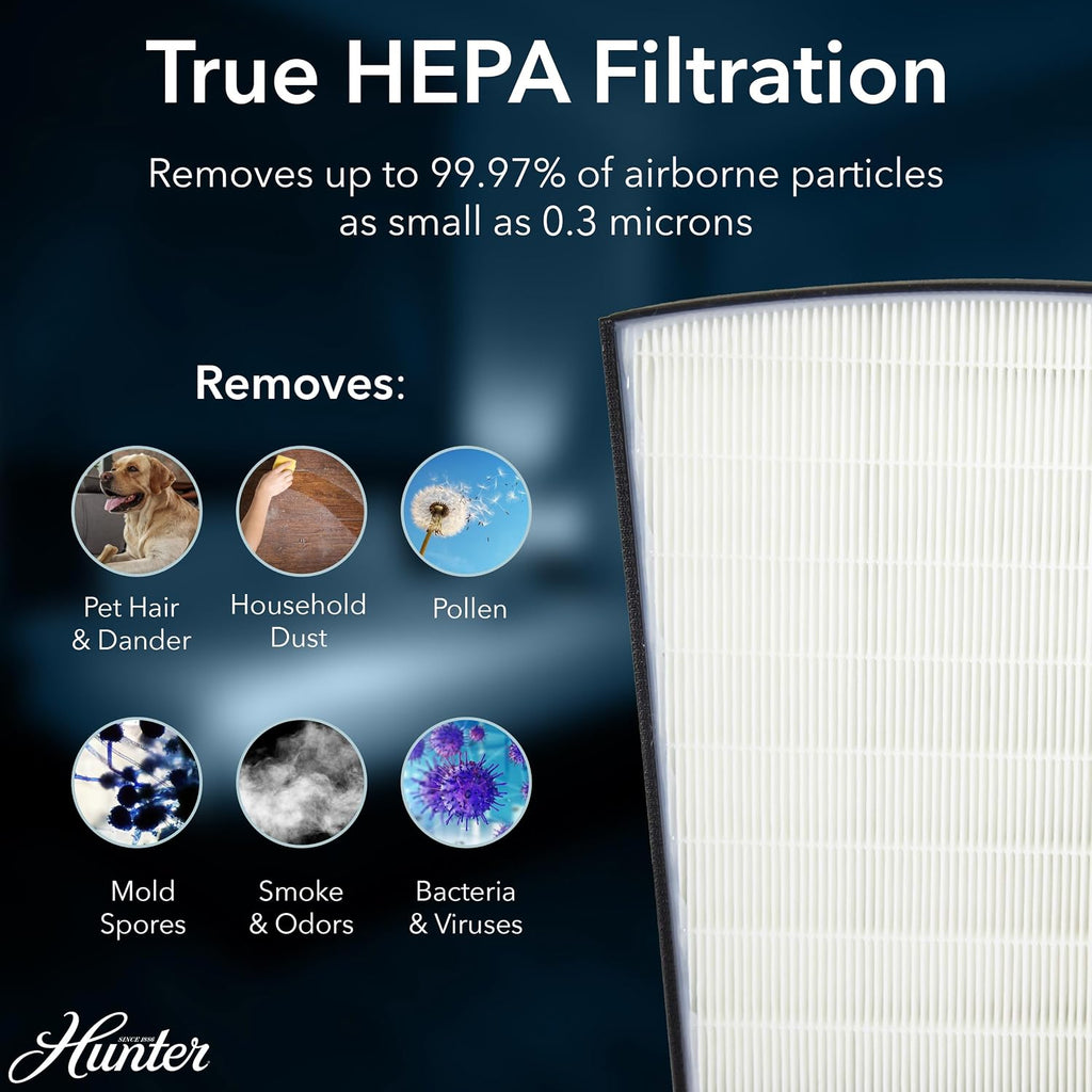 Hunter HP800 Air Purifiers for Home Large Room and Bedroom. True HEPA Air Purifier for Pets, Odors, Allergens, Smoke, Dust, VOC's. 4 Fan Speeds, Quiet Sleep Mode. Cleans 2585 Ft² per Hour. Black