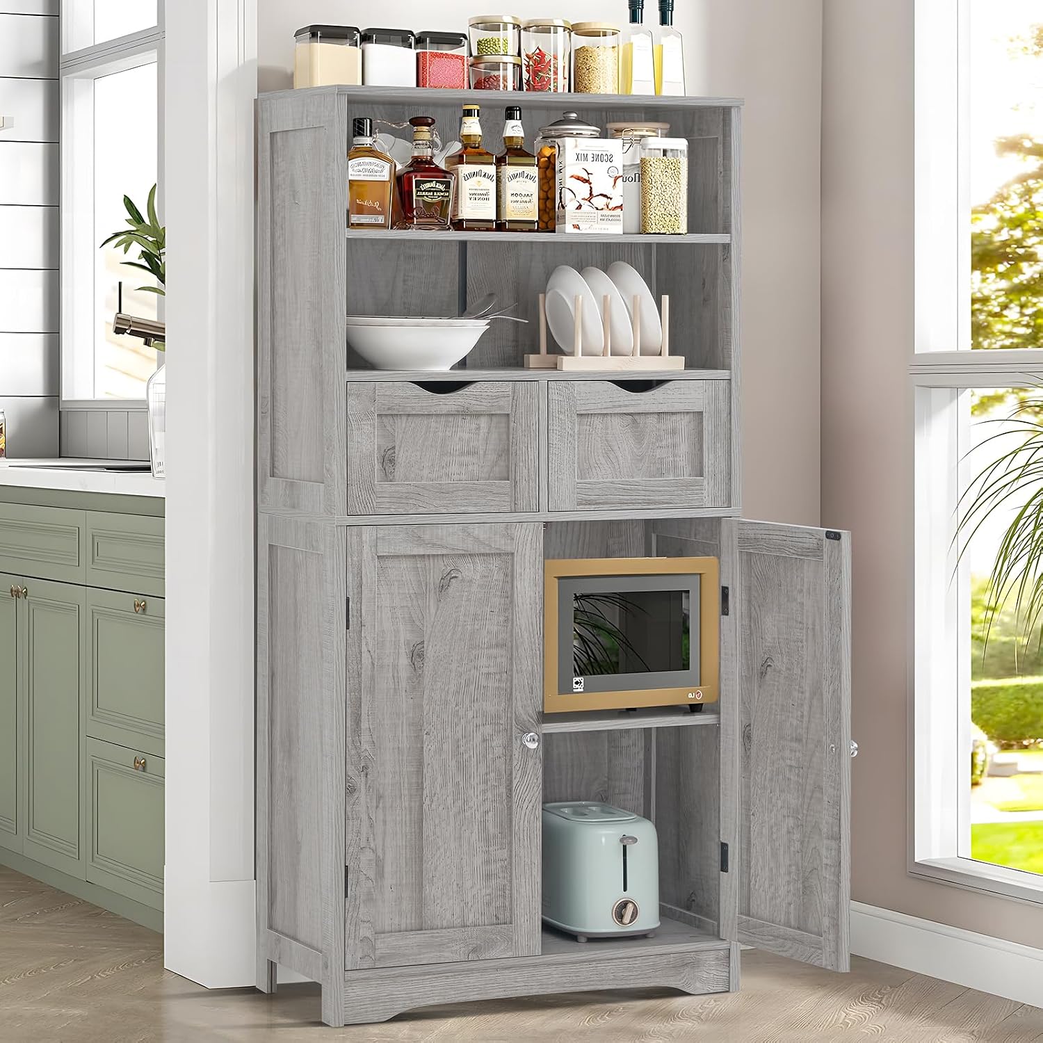 Iwell Storage Cabinet with 2 Drawers & Adjustable Shelf, Tall Bathroom Cabinet with Doors, Cupboard, Kitchen Cabinets for Living Room, Dining Room, Entryway, Grey