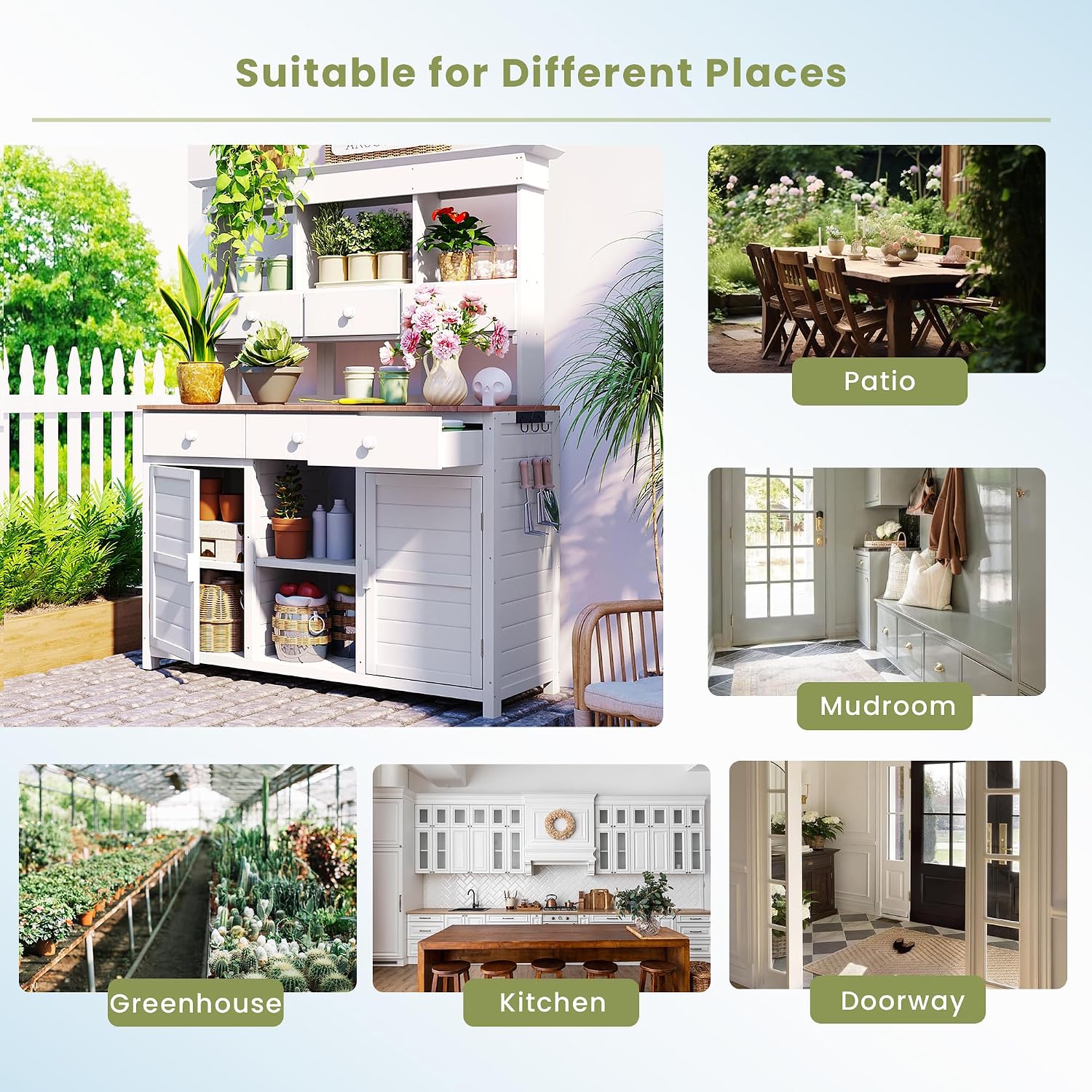 LUMISOL Outdoor Potting Bench Table with Hutch, Solid Fir Wood Patio Storage Workstation with 3 Shelves, 6 Drawers, 2 Bottom Cabinet and Side Hooks for Mudroom, Doorway, White