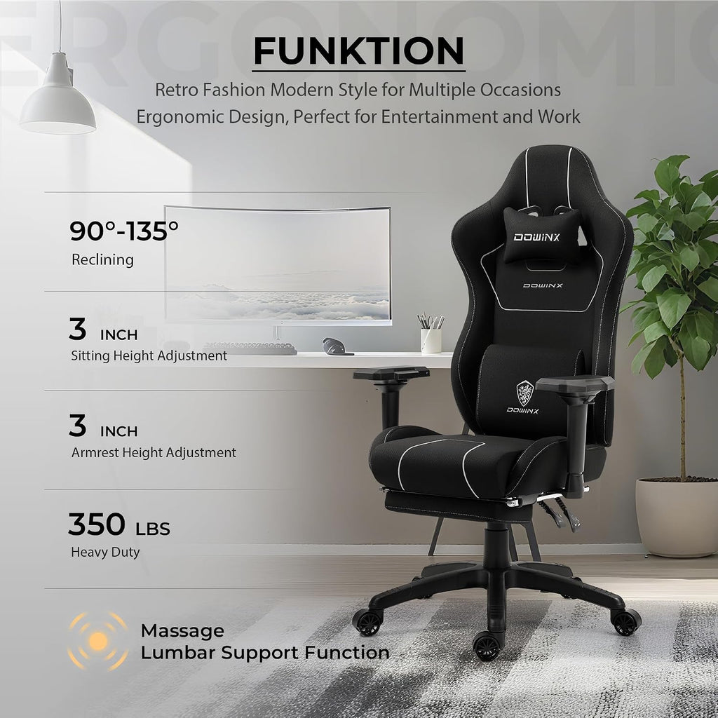 Dowinx Gaming Chair with Massage Lumbar Support Footrest, Fabric Computer Gamer Chair with Pocket Spring Cushion Adjustable Comfortable Game Office Chair 300lbs for Adult Teens Black