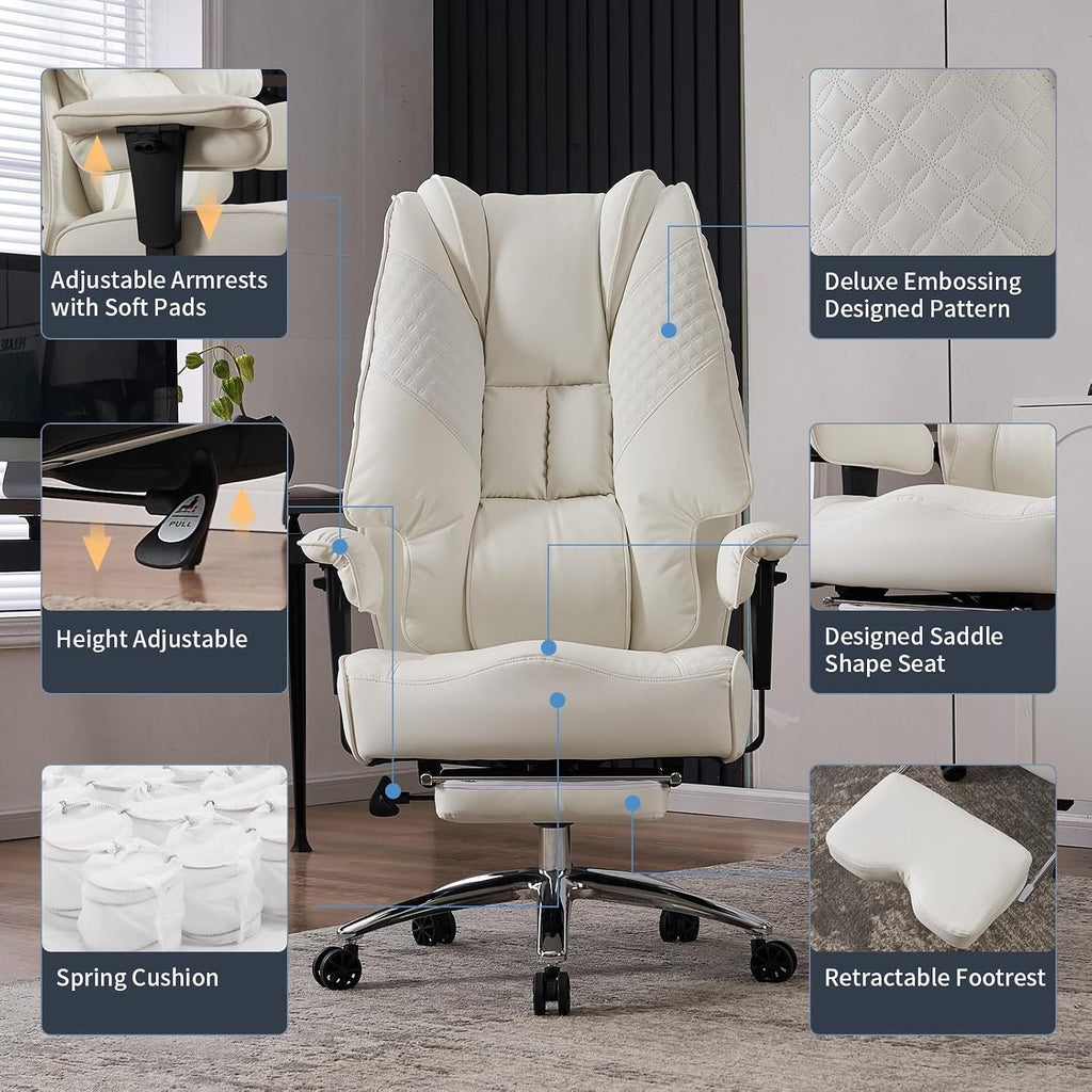 EXCEBET Big and Tall Office Chair 400lbs Wide Seat, Leather High Back Executive Office Chairs with Foot Rest, Ergonomic Lumbar Support for Lower Back Pain Relief (White)