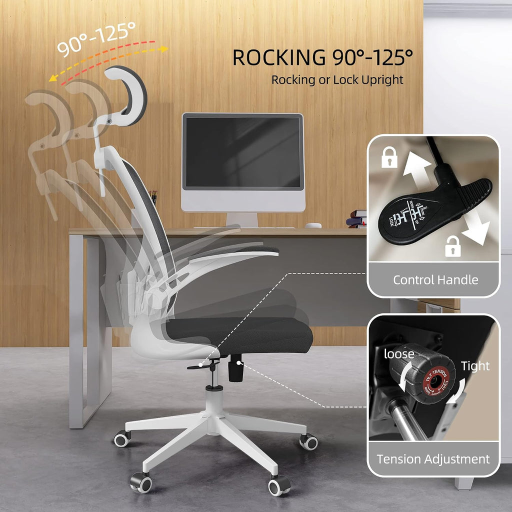 Monhey Ergonomic Office Chair, 90°-125° Tilt Back Home Desk Chair with 360° Swivel & Mute Wheels, High Back Mesh Computer Chair for Adults with Lumbar Support, 330 LBS Capacity (03White+Black)
