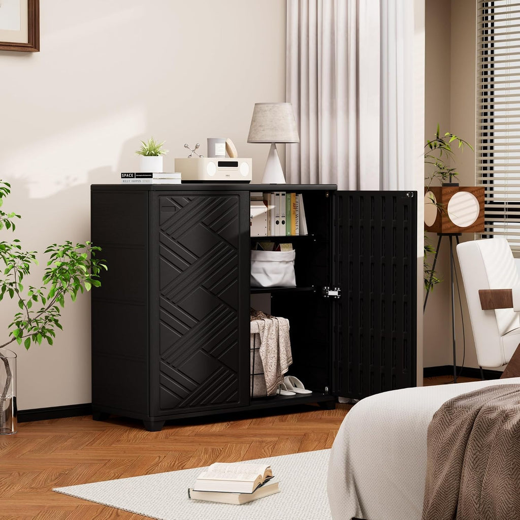 Mrosaa Outdoor/Indoor Storage Box,Resin and Plastic Storage Cabinet Waterproof,Outdoor Cabinet for Patio/Garden/Balcony/Backyard/All Room(with 2 Shelves)-Black