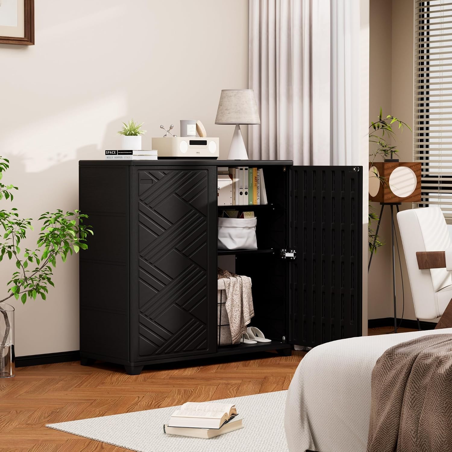 Mrosaa Outdoor/Indoor Storage Box,Resin and Plastic Storage Cabinet Waterproof,Outdoor Cabinet for Patio/Garden/Balcony/Backyard/All Room(with 2 Shelves)-Black