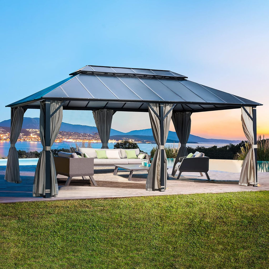 MELLCOM 12x20FT Hardtop Gazebo, Permanent Outdoor Aluminum Patio Gazebo with Aluminum Composite Double Roof for Patio Lawn and Garden, Curtains and Netting Included