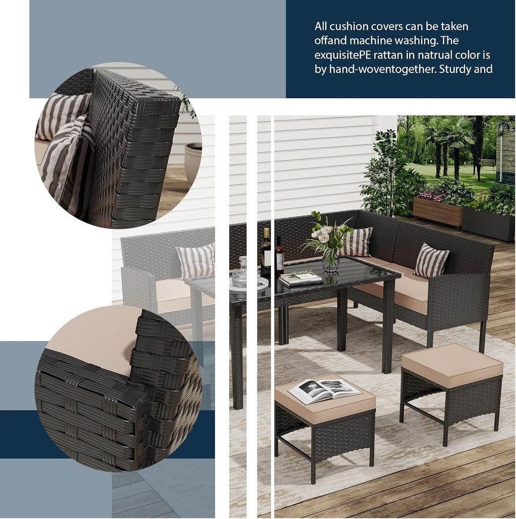 7 Piece Outdoor Dining Set, Patio Furniture with Cushions & 3 Pillows, Conversation Wicker Sectional Sofa Set with Long Glass Coffee Table for Garden, Porch, Lawn, Khaki