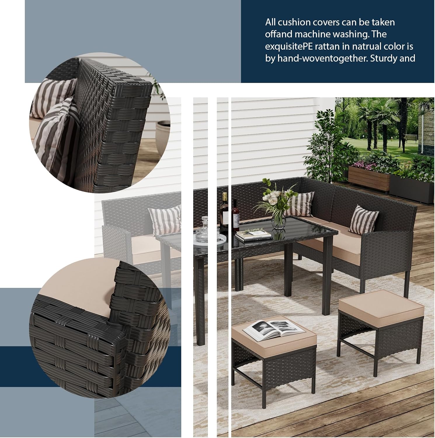 7 Piece Outdoor Dining Set, Patio Furniture with Cushions & 3 Pillows, Conversation Wicker Sectional Sofa Set with Long Glass Coffee Table for Garden, Porch, Lawn, Khaki