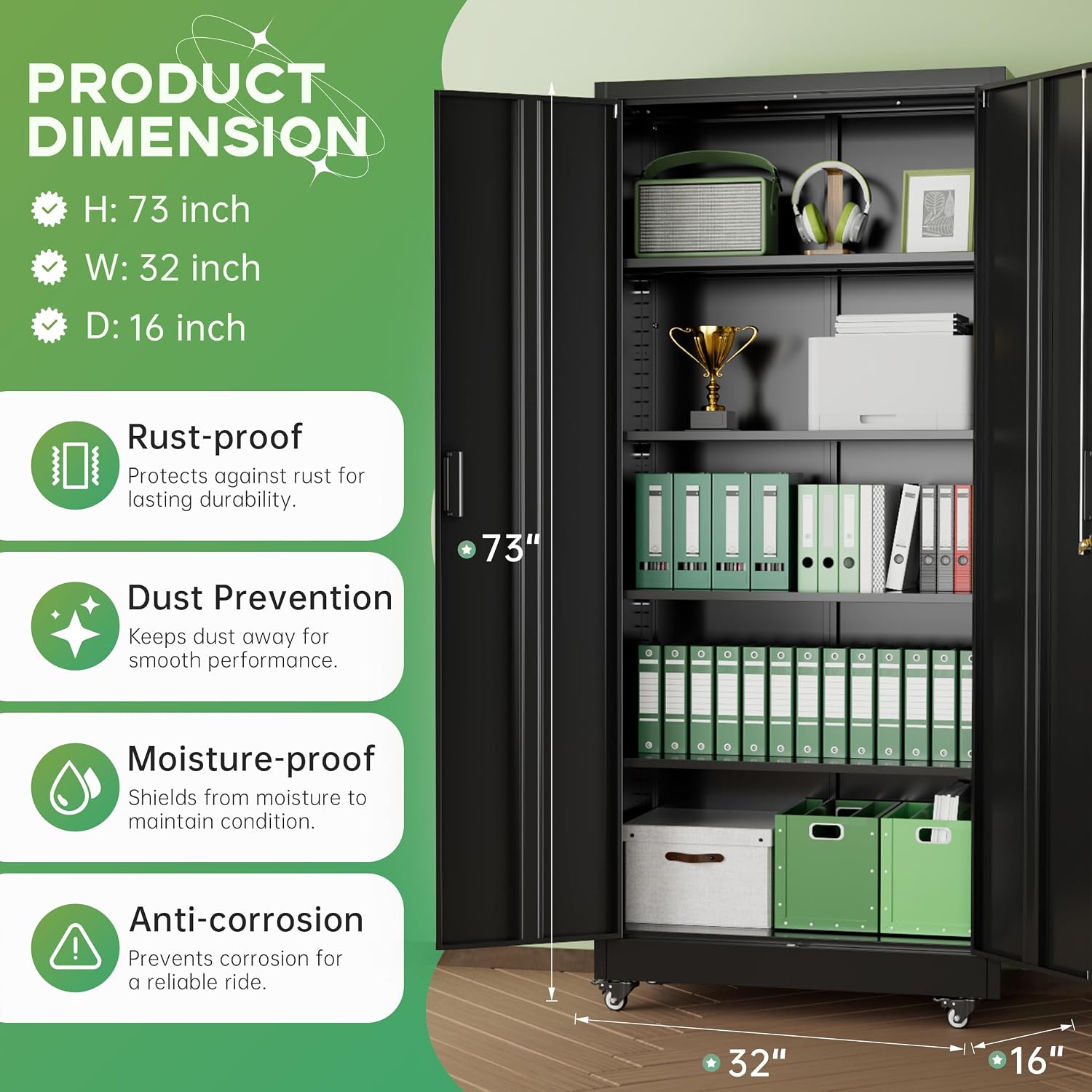 INTERGREAT Metal Storage Cabinet with Wheels, 73' H Rolling Metal Cabinets with Doors and Shelves, Black Steel Lockable Cabinet on Wheels for Garage Storage