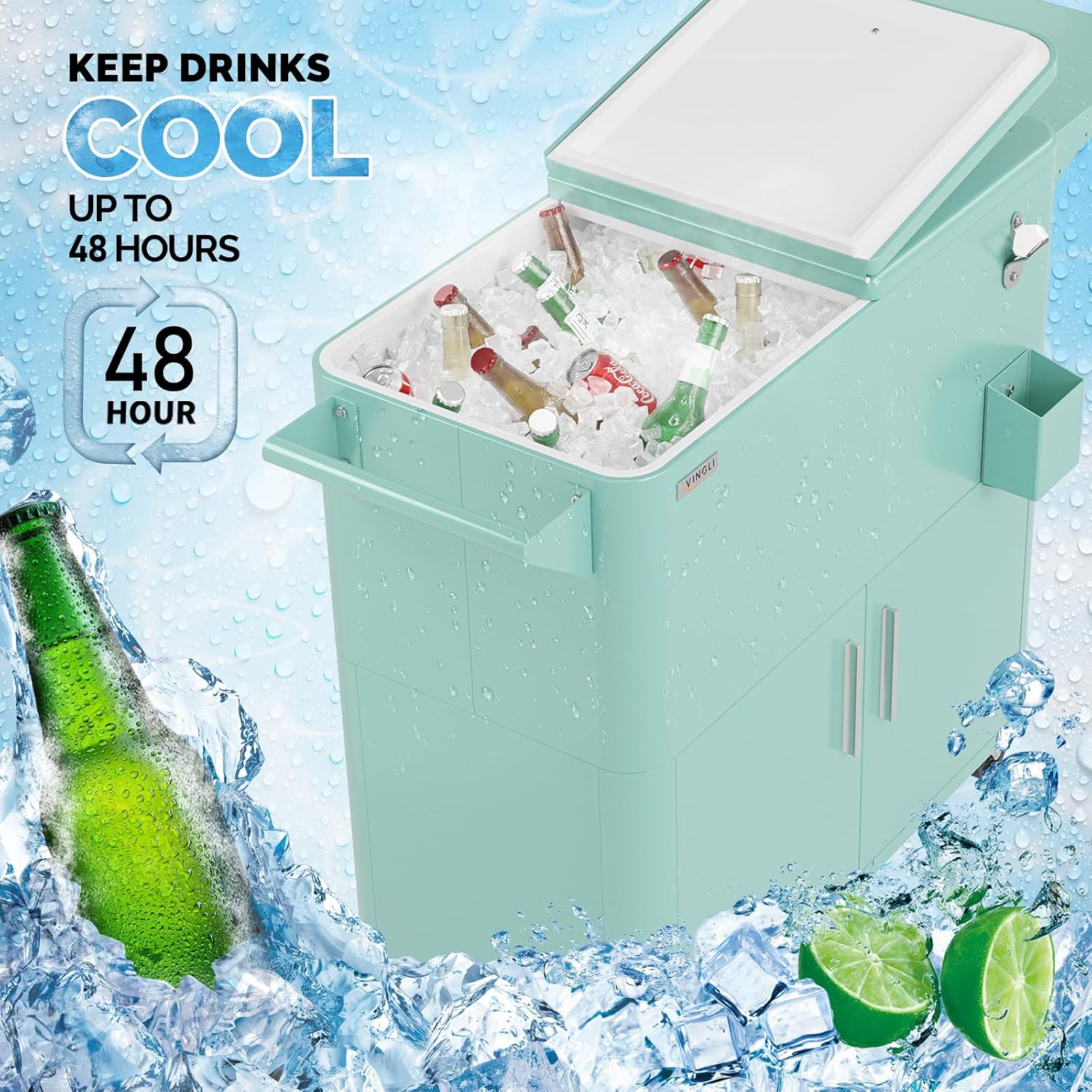 VINGLI Patio Cooler, Ice Chest with Storage Cabinet, Bottle Opener Drainage, Outdoor Cooler for Party, Deck, Pool
