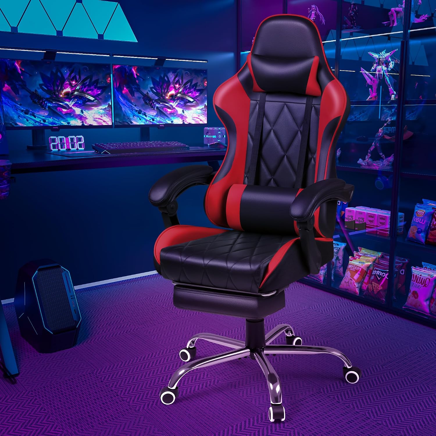 Shahoo Gaming Chair with Footrest and Massage Lumbar Support, Ergonomic Computer Seat Height Adjustable with 360°Swivel and Headrest, Red