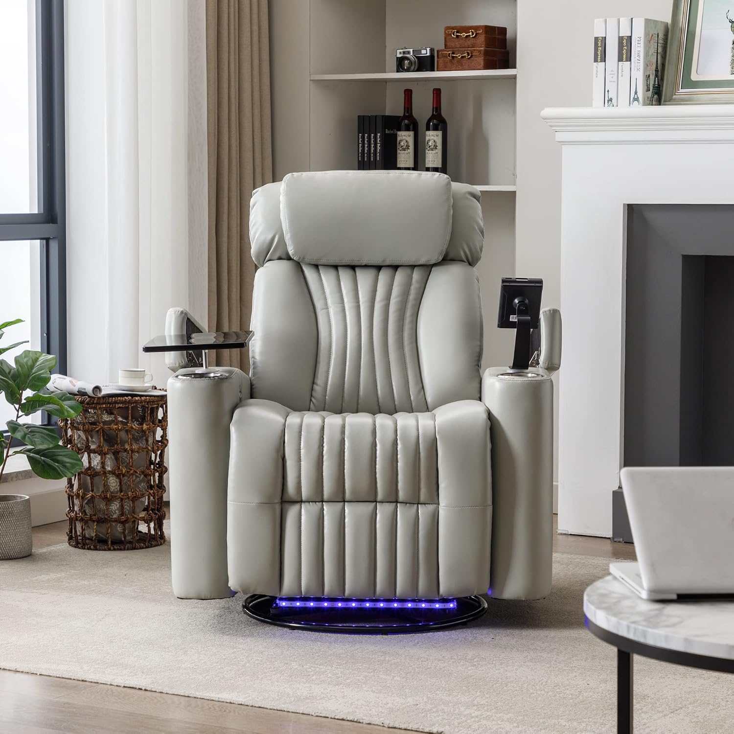 Merax 270 Degrees Power Swivel Recliner,Home Theater Seating with Hidden Arm Storage and LED Light Strip,Cup Holder,360 Degrees Swivel Tray Table,and Cell Phone Holder,Soft Living Room Chair,Grey