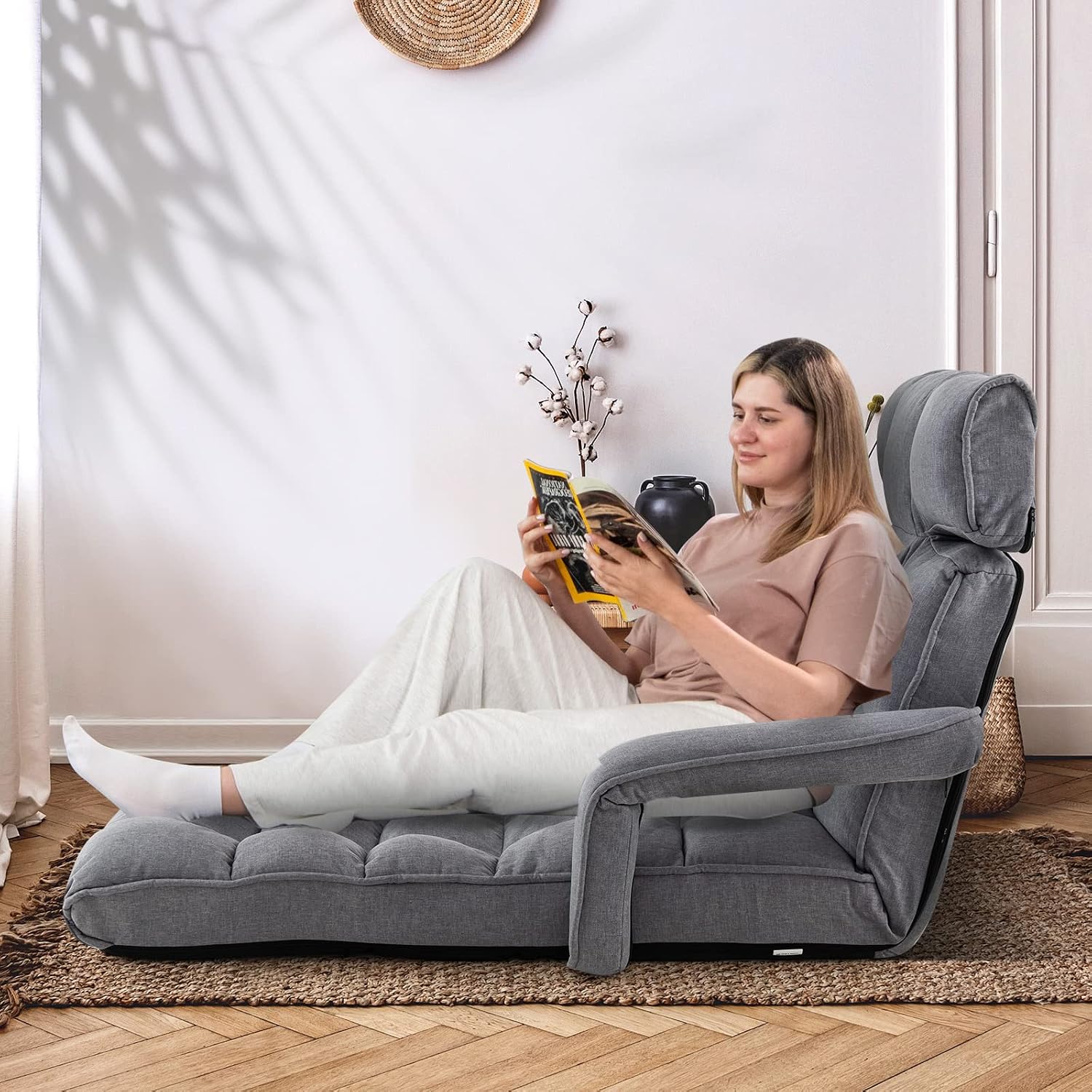 Giantex Foldable Lazy Sofa Bed, 6-Position Adjustable Floor Chair Chaise Lounge with Armrest and Footrest, Padded Gaming Recliner for Reading Living Room Bedroom Indoor (Gray)