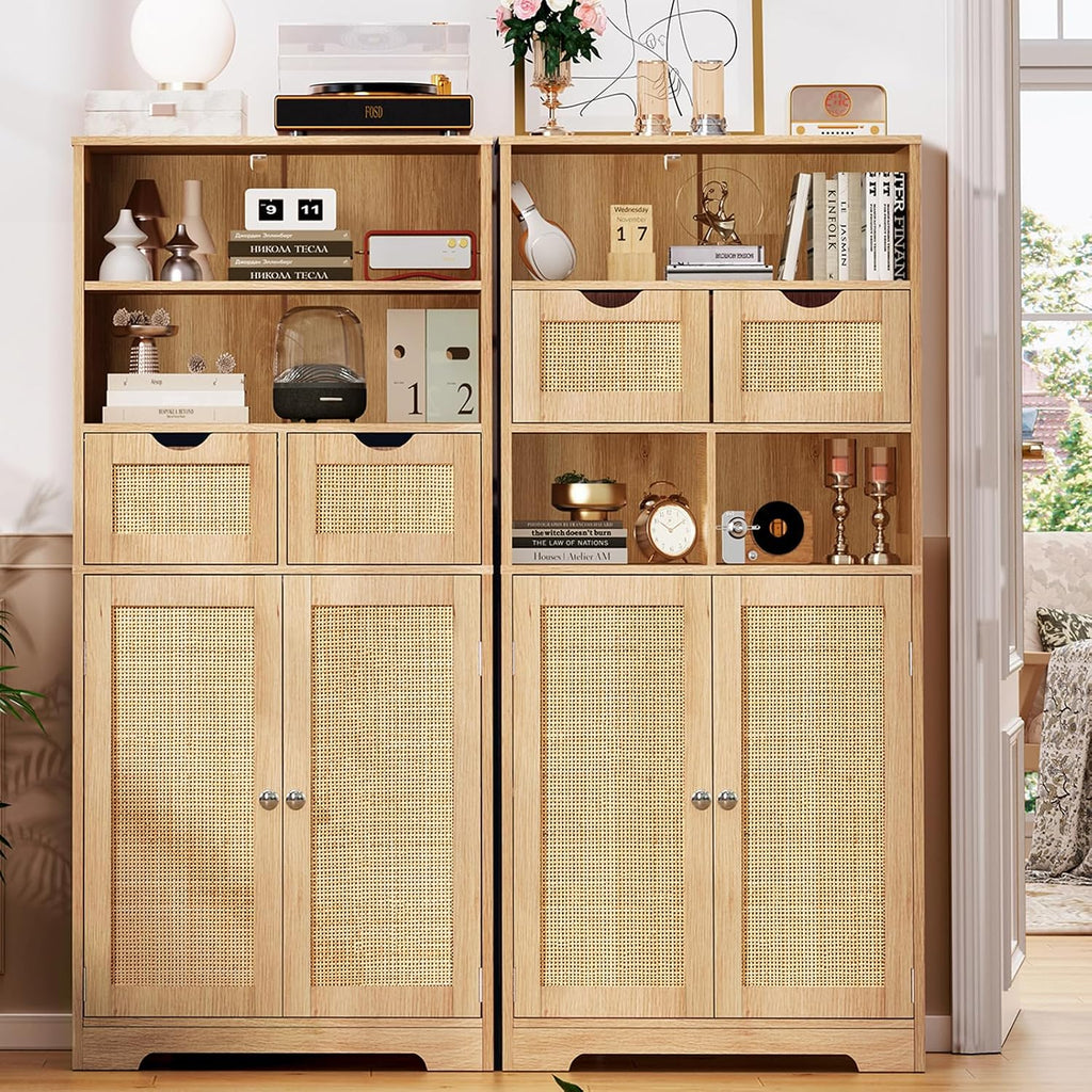 Iwell Tall Storage Cabinet, Rattan Cabinet with 2 Drawers & Adjustable Shelf, Kitchen Pantry Storage Cabient, Entryway Cabinet for Living Room, Dining Room, Home Office, Natural