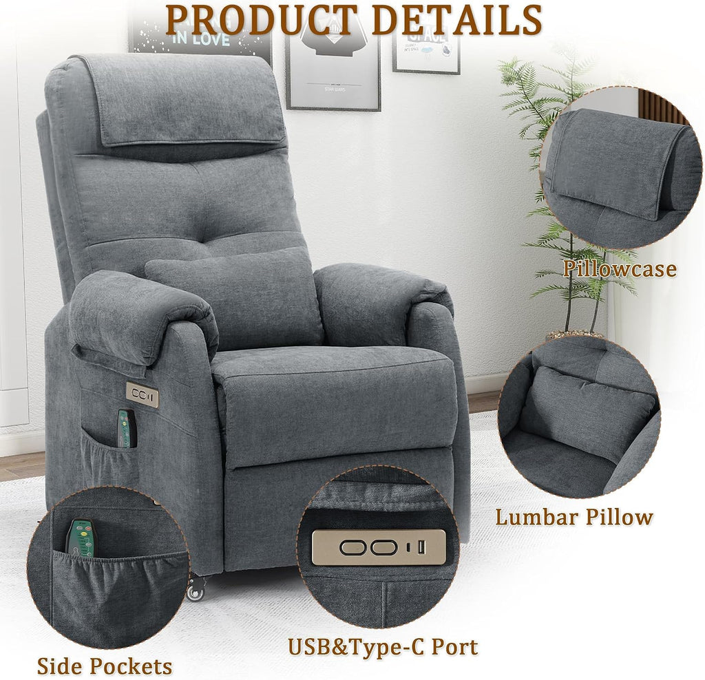 Korser Power Recliner Chair for Adults, Recliner for Small Spaces with Rollers, Electric Chair with Massage and Heat, USB and Type-C Charge Port, Fabric Recliner Chair for Living Room, Bedroom
