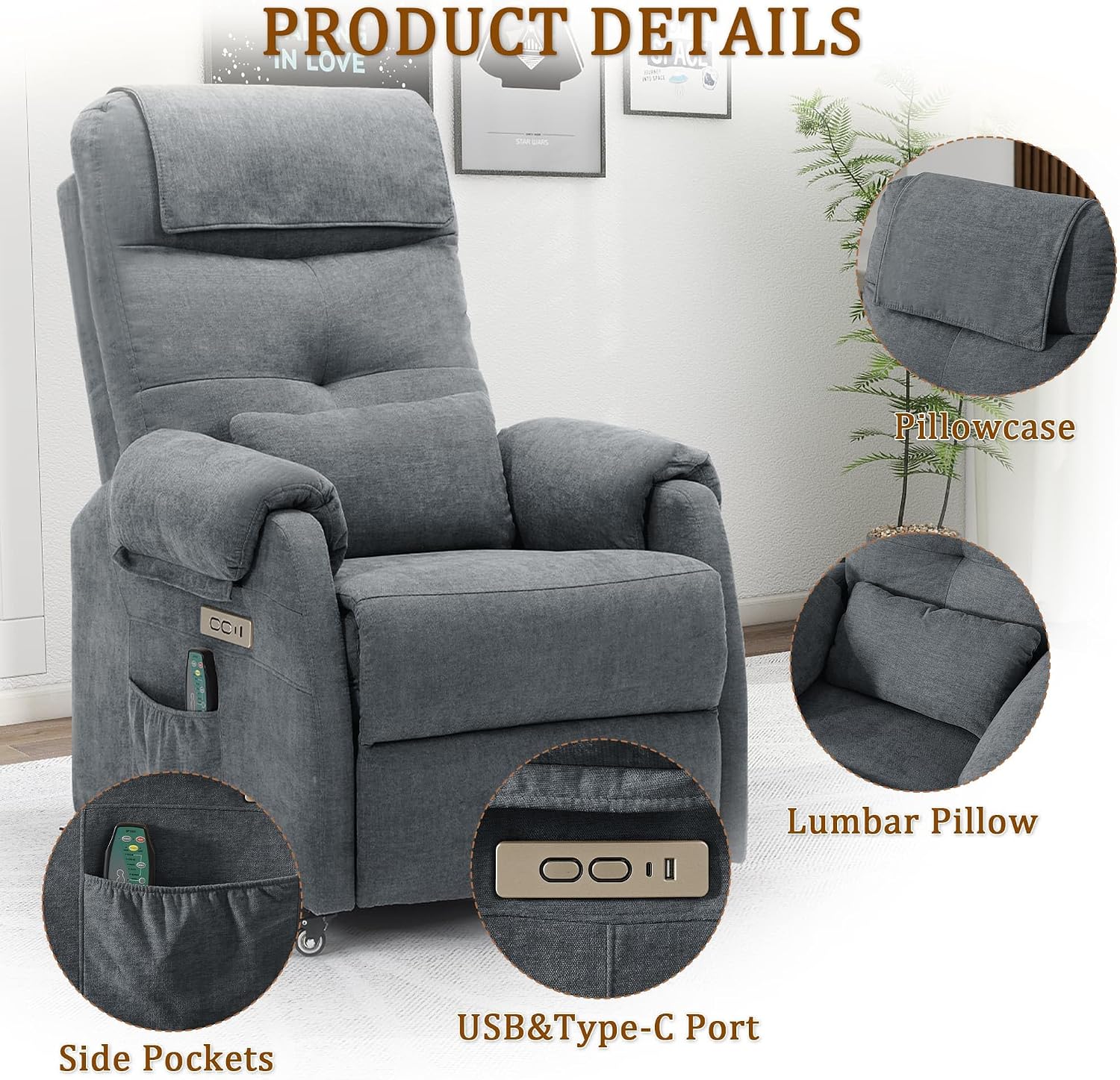 Korser Power Recliner Chair for Adults, Recliner for Small Spaces with Rollers, Electric Chair with Massage and Heat, USB and Type-C Charge Port, Fabric Recliner Chair for Living Room, Bedroom