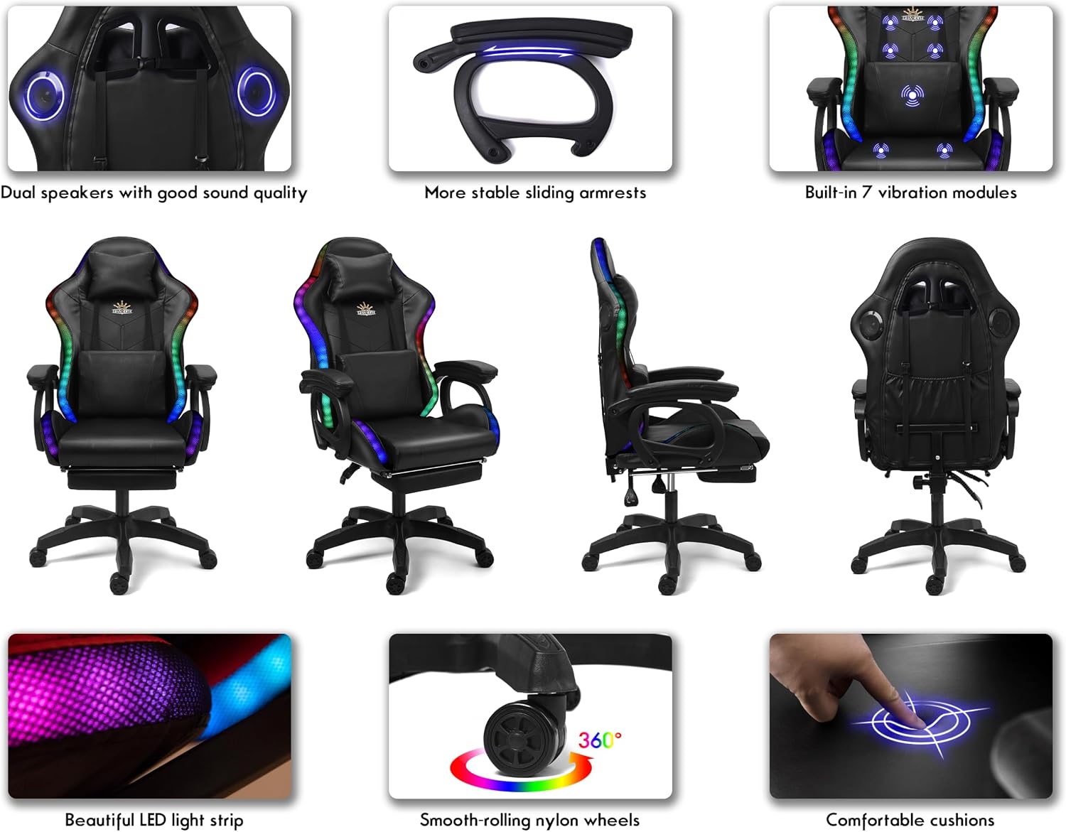 Gaming Chair with LED Lights and Speakers, Ergonomic Pro Video Game Chair with Massage and Footrest, for Adults, Teens, and Kids - Perfect for Gaming, Office, and Working. (Black)