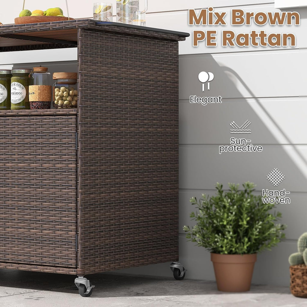 Tangkula Rattan Outdoor Storage Cabinet, Patiojoy PE Wicker Outdoor Cabinet with Acacia Wood Countertop, Open Compartment, Storage Shelf, Outdoor Bar with 4 Wheels for Garden Backyard Deck