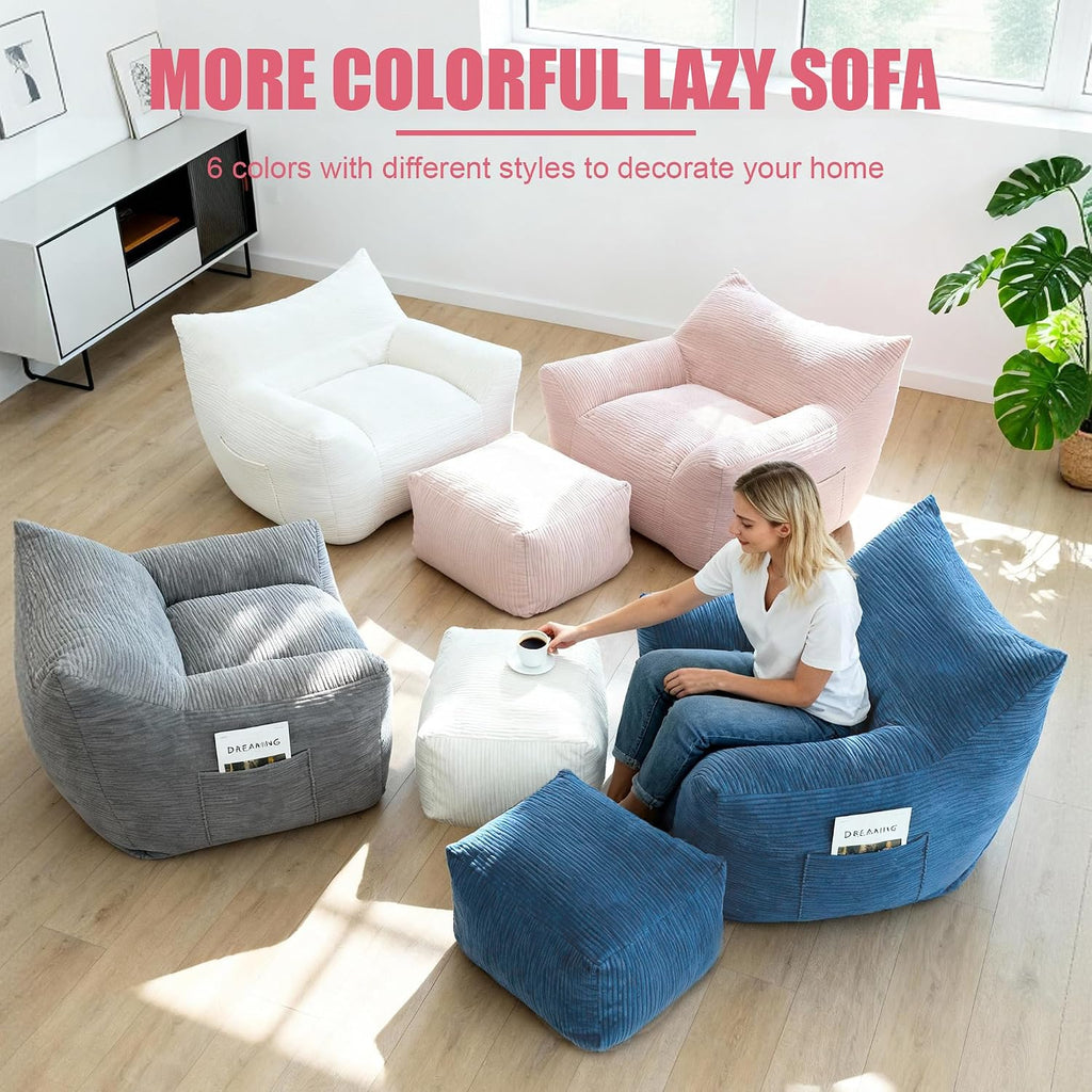 Giant Bean Bag Chair with Ottoman, Comfy Bean Bag Couch with 2 Side Pocket, Corduroy Boneless Couch Chair in a Box, Stuffed Lounge Floor Sofa for Dorm, Bedroom, Living Room, Pink