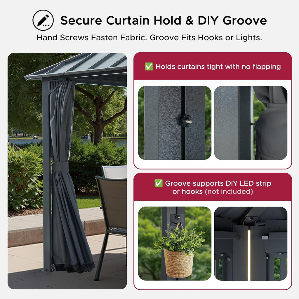 SUNJOY Kingston 12' x 10' Hardtop Gazebo with Galvanized Steel Double Roof, Curtain and Netting, Gray Aluminum Posts Permanent Pavilion Gazebo for Garden, Patio, Deck, Lawn