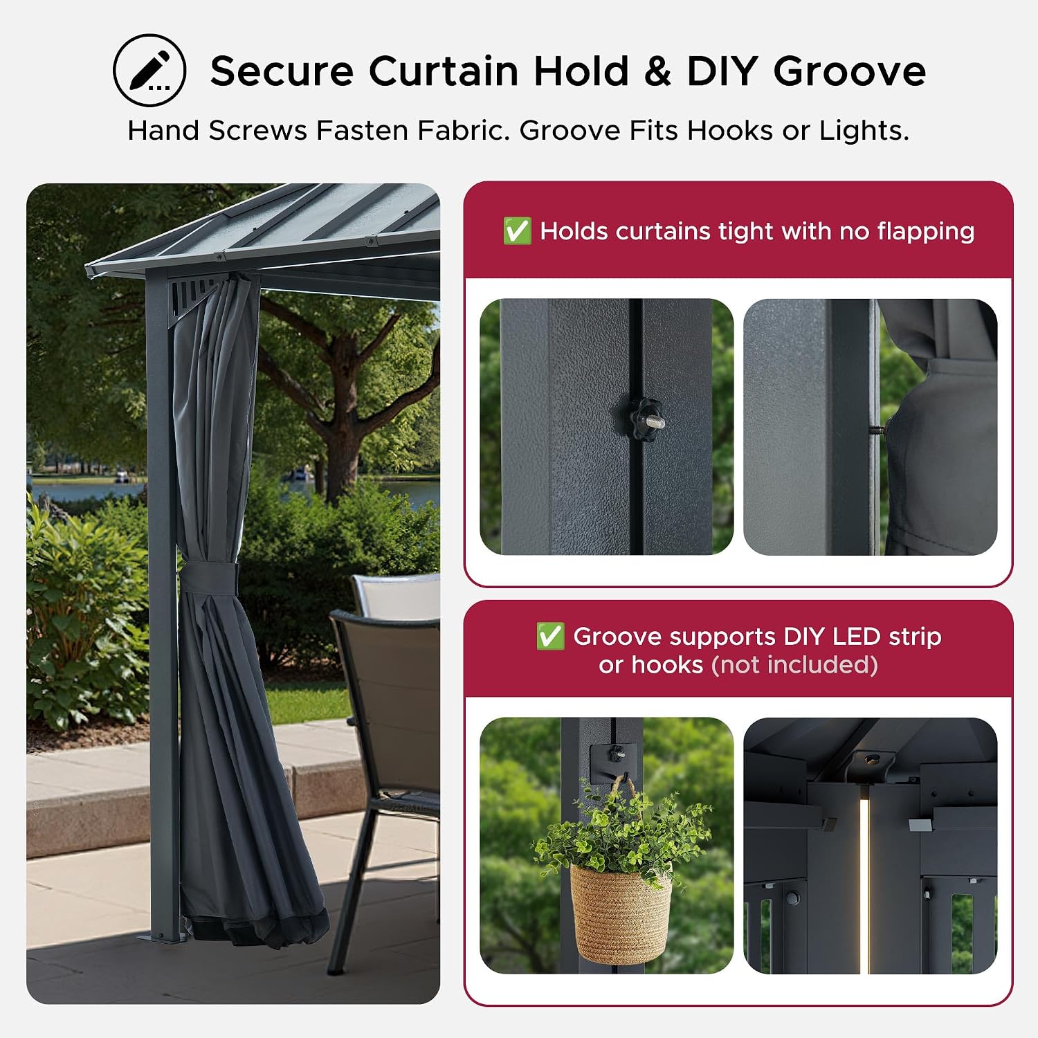 SUNJOY Kingston 12' x 10' Hardtop Gazebo with Galvanized Steel Double Roof, Curtain and Netting, Gray Aluminum Posts Permanent Pavilion Gazebo for Garden, Patio, Deck, Lawn