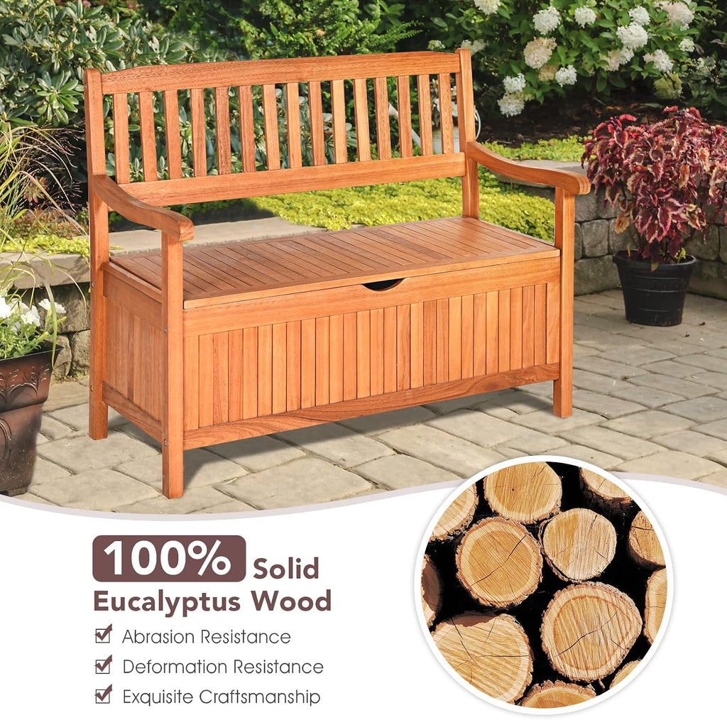 Foldable Outdoor Bench, Garden Bench w/High Back & Armrest, Acacia Wood Bench, 4 FT 2-Person Loveseat Chair for Front Porch, Patio, Backyard & Balcony, Teak Finish (w/Storage, Natural)
