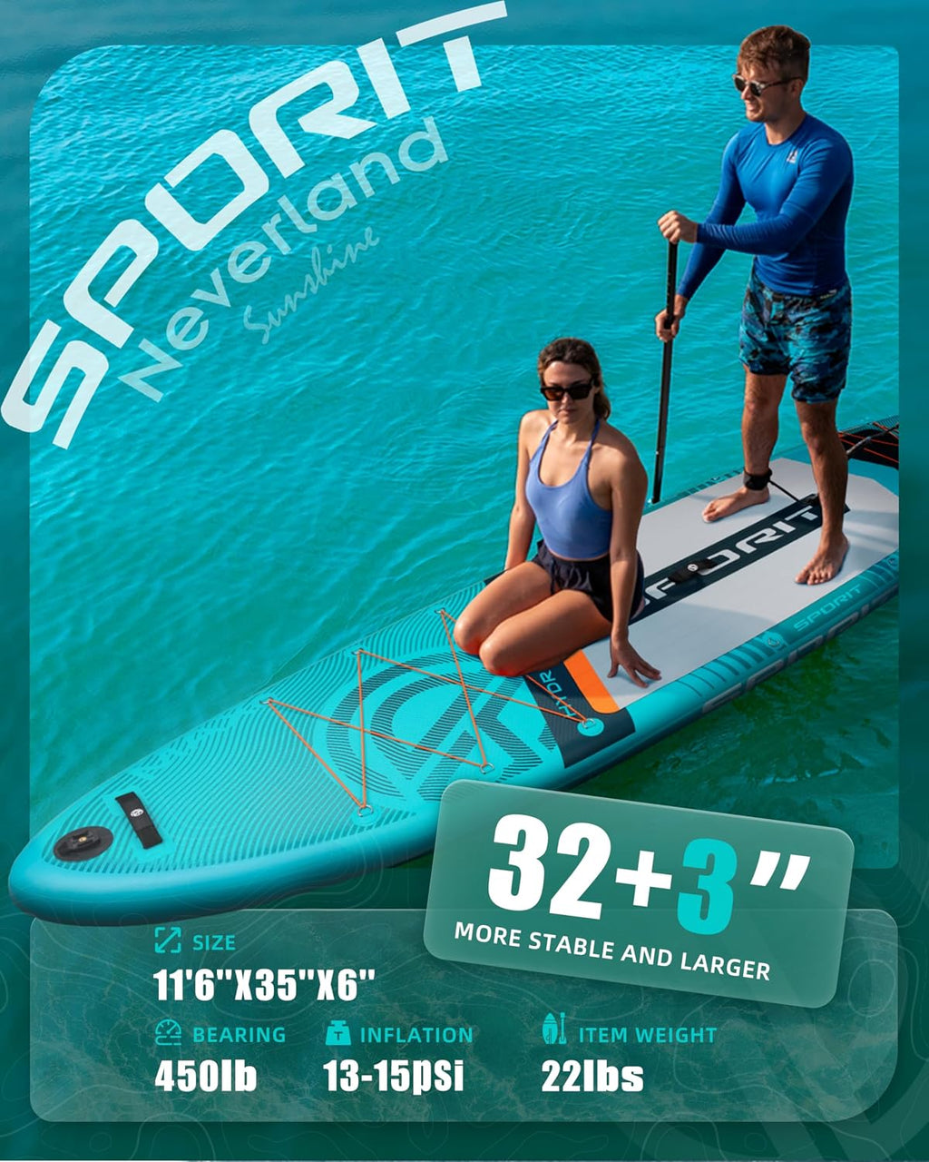 11'6' x 35' Extra Wide Inflatable Paddle Board for Adults, 450 lb Capacity Wide Stable Stand Up Paddle Board, 2–3 Person SUP, Heavy Duty 22 PSI, US Fin, Kayak D Rings, Large Stable Paddleboard