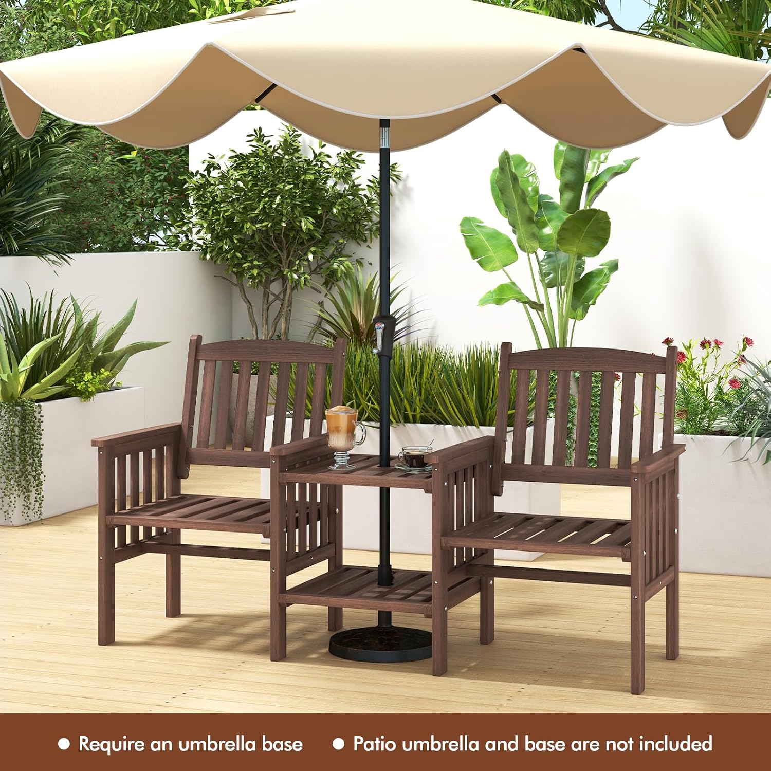 Tangkula Outdoor Fir Wood Loveseat with 2-Tier Side Table and Umbrella Hole, 2-Seater Patio Garden Bench with Armrests and Slatted Seats, Outdoor Table and Chairs Set for Porch and Balcony