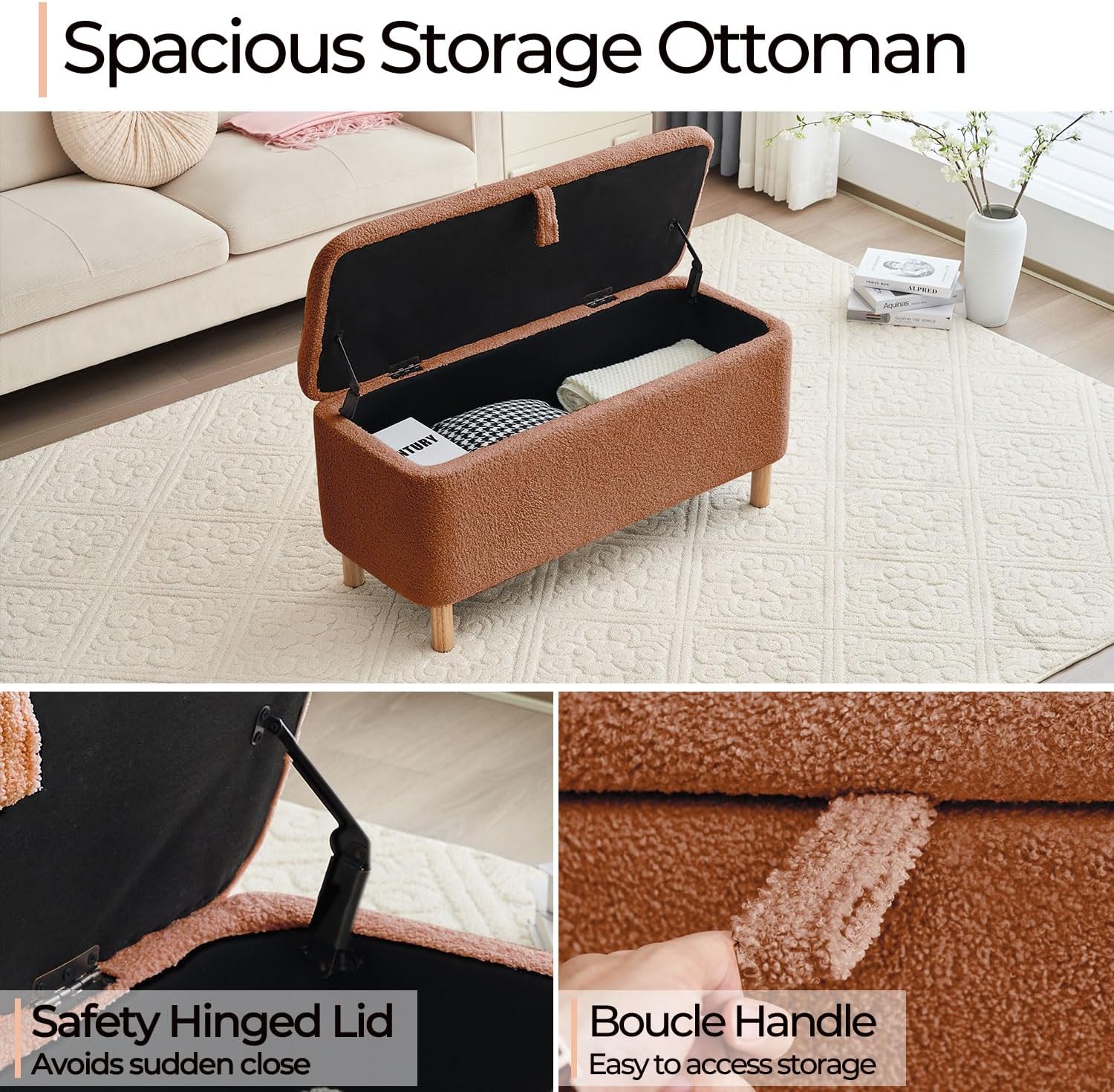 Boucle Storage Ottoman Bench for Bedroom end of Bed, Sherpa Upholstered Shoe Seat Storage Bench for Entryway Bed Foot, Rectangle Cushion Padded Blanket Chest Cute for Living Room, Burnt Orange