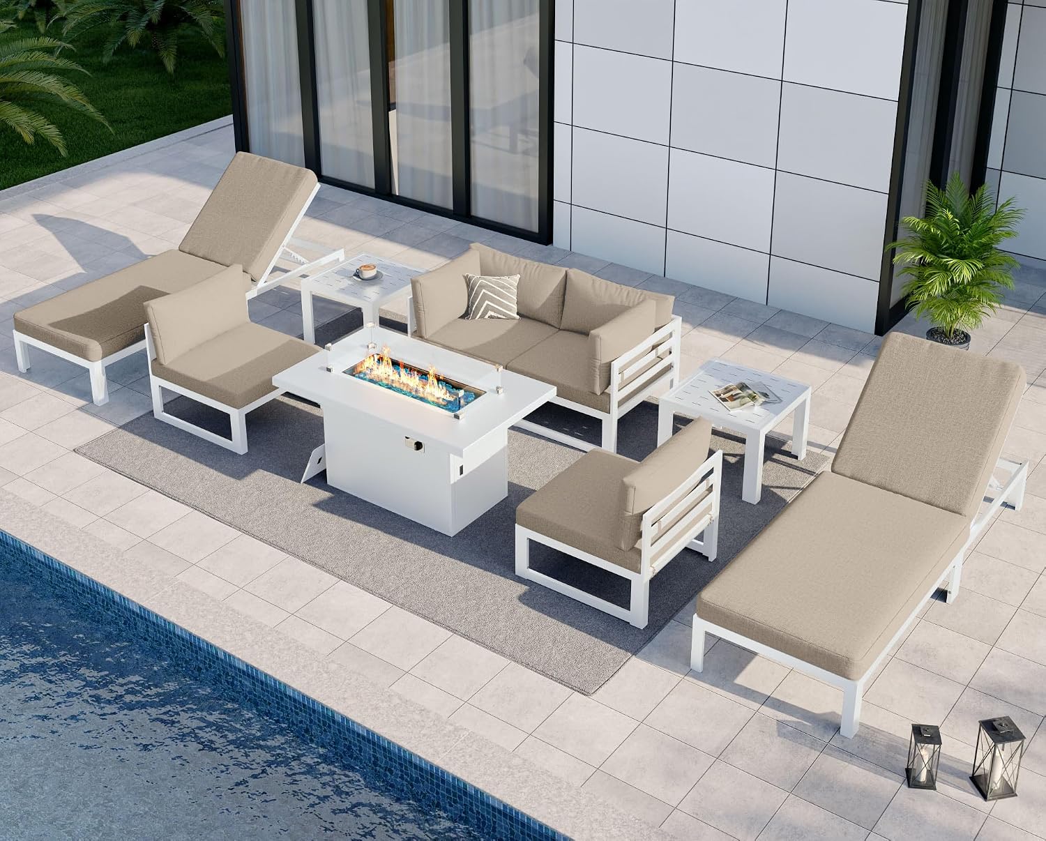 NICESOUL 9 Piece Oversized Modular Aluminum Outdoor Furniture Set with Chaise Lounge, 29' Deep and Wide Sectional Seating, 500 lbs High Weight Capacity Patio Conversation Set for Poolside Deck, Beige