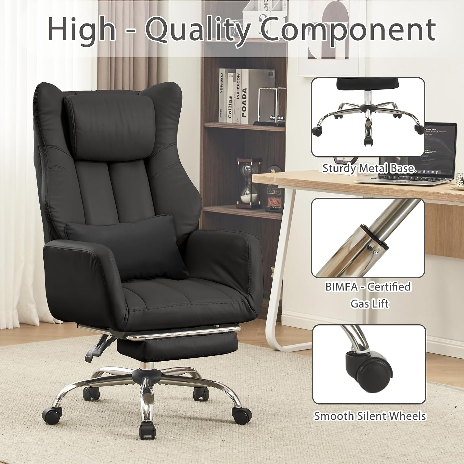 Ergonomic Cross Legged Office Chair with Footrest,Big and Tall Leather Executive Chair with Reversible Armrest,Lumbar Pillow and Wheels,155° Reclining Computer Wide Desk Chair for Home,Office (Black)