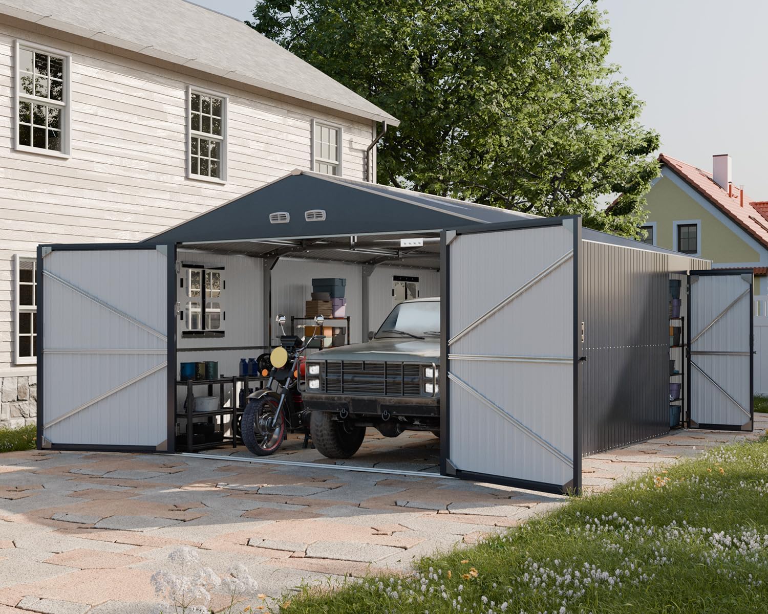 13x20 FT Metal Carport, Extra Large Storage Sheds Outdoor with Floor & 4 Windows, All-Weather Metal Garage Shed for Car, Truck, Bicycle and Garden Equipment, Blue Black