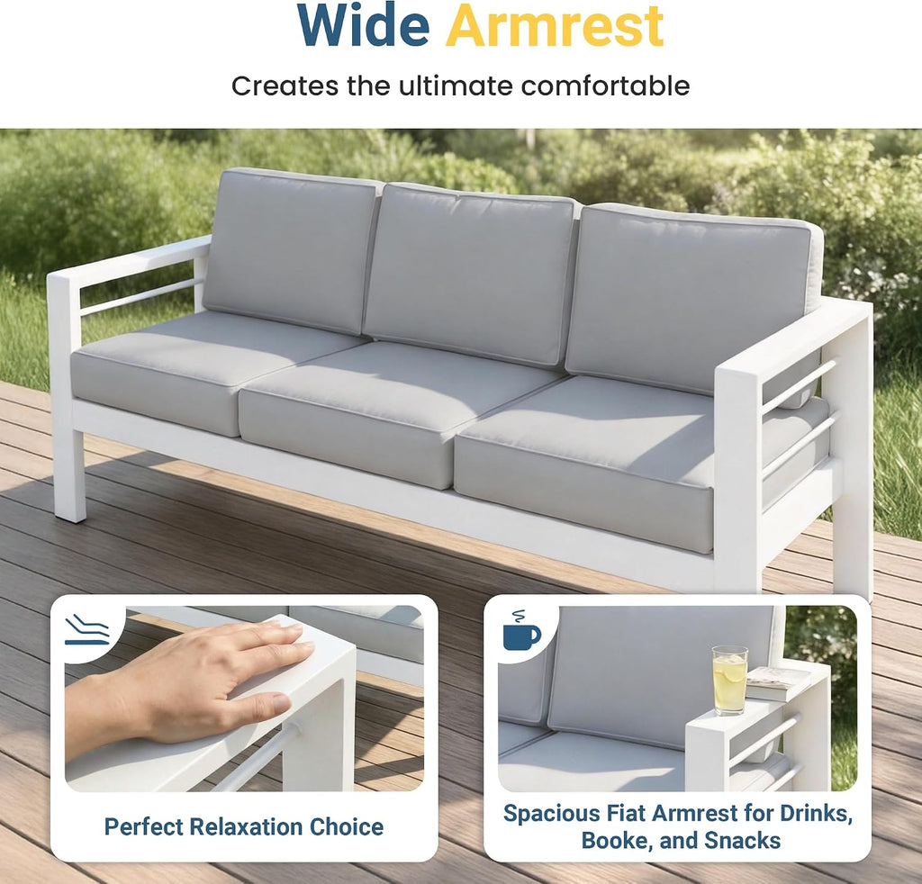 Wisteria Lane Aluminum Outdoor Patio Furniture Set, Modern Patio Conversation Sets, Outdoor Sectional Metal Sofa with 5 Inch Cushion and Coffee Table for Balcony, Garden, Light Grey