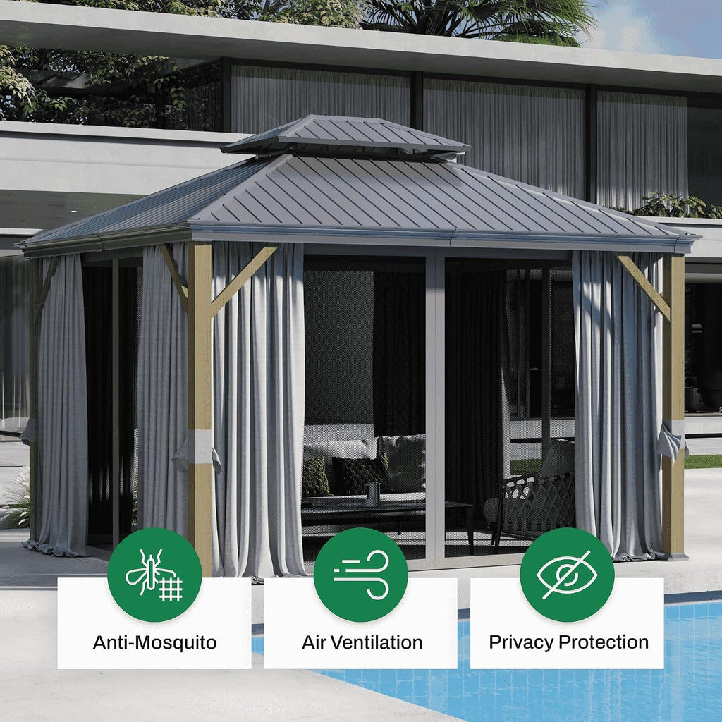 Florise 10x 12 Ft Hardtop Gazebo, Outdoor Metal Canopy with Heavy Duty Aluminum Frame, Privacy Curtain and Netting Included, for Patio, Garden, Yard & Lawn