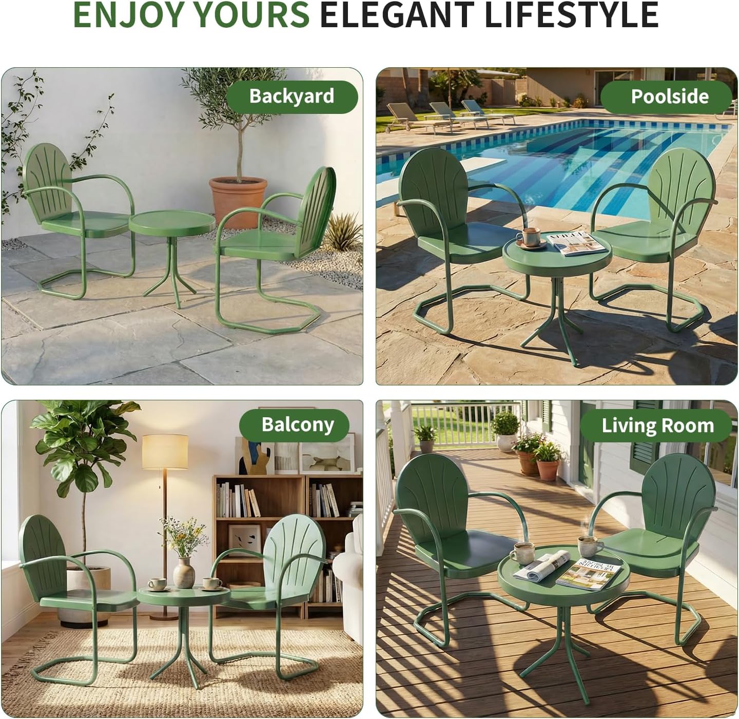 Patio Bistro Set Retro Metal Outdoor Seating Set Conversation Set 3 Pieces, 2 C-Spring Motion Armchairs and Round Side Table, for Porch, Lawn, Garden (Green)