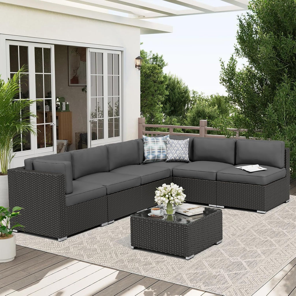 Oakcloud 7-Piece Outdoor Black Rattan Wicker Sectional Conversation Sets Patio Furniture Sofa Set with Cushions and Glass Top Table(Grey)