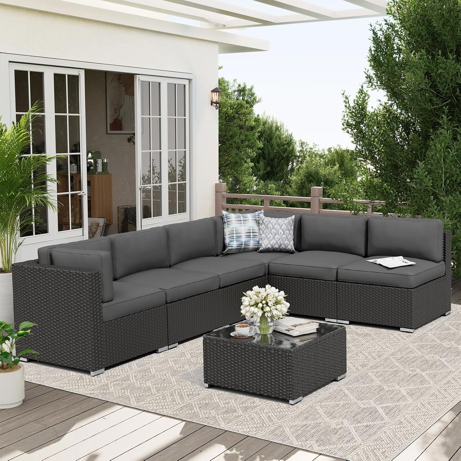 Oakcloud 7-Piece Outdoor Black Rattan Wicker Sectional Conversation Sets Patio Furniture Sofa Set with Cushions and Glass Top Table(Grey)