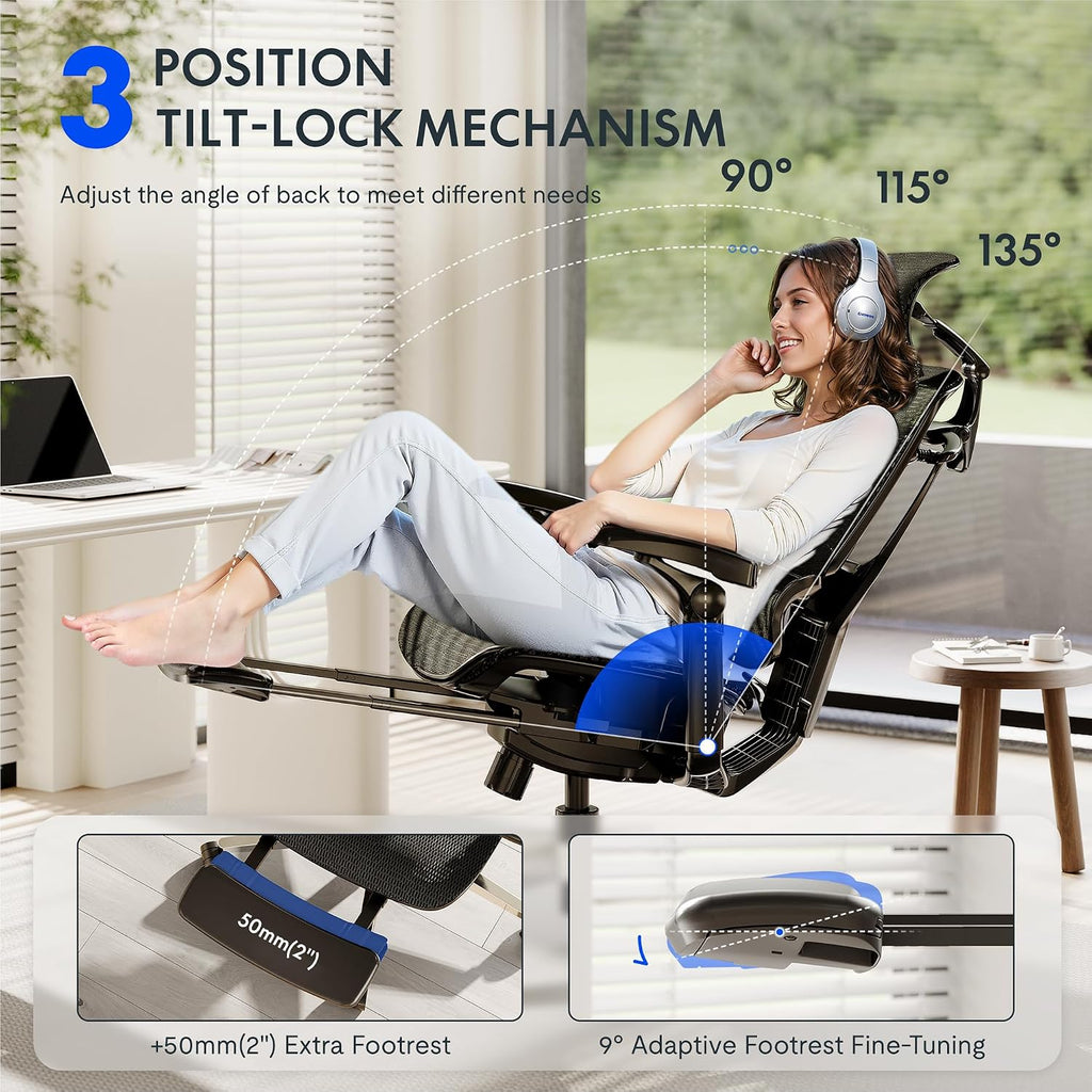 FLEXISPOT ErgoX-PRO Ergonomic Office Chair with Footrest Black – AeroWeave 5.0 Mesh Seat, 5D Lumbar, 7D Armrests, 4D Headrest, 551LBS Capacity – Office, Gaming, Home