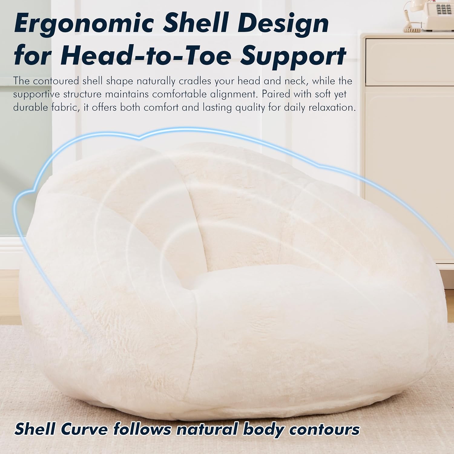 3.28 Feet Bean Bag Chair for Adults, Shell-Shaped Bean Bag Lazy Couch, Faux Fur Cloud Sofa Chair, Lounge Floor Sofa with Filler for Reading, Gaming & Watching, No Assembly Required (Beige)