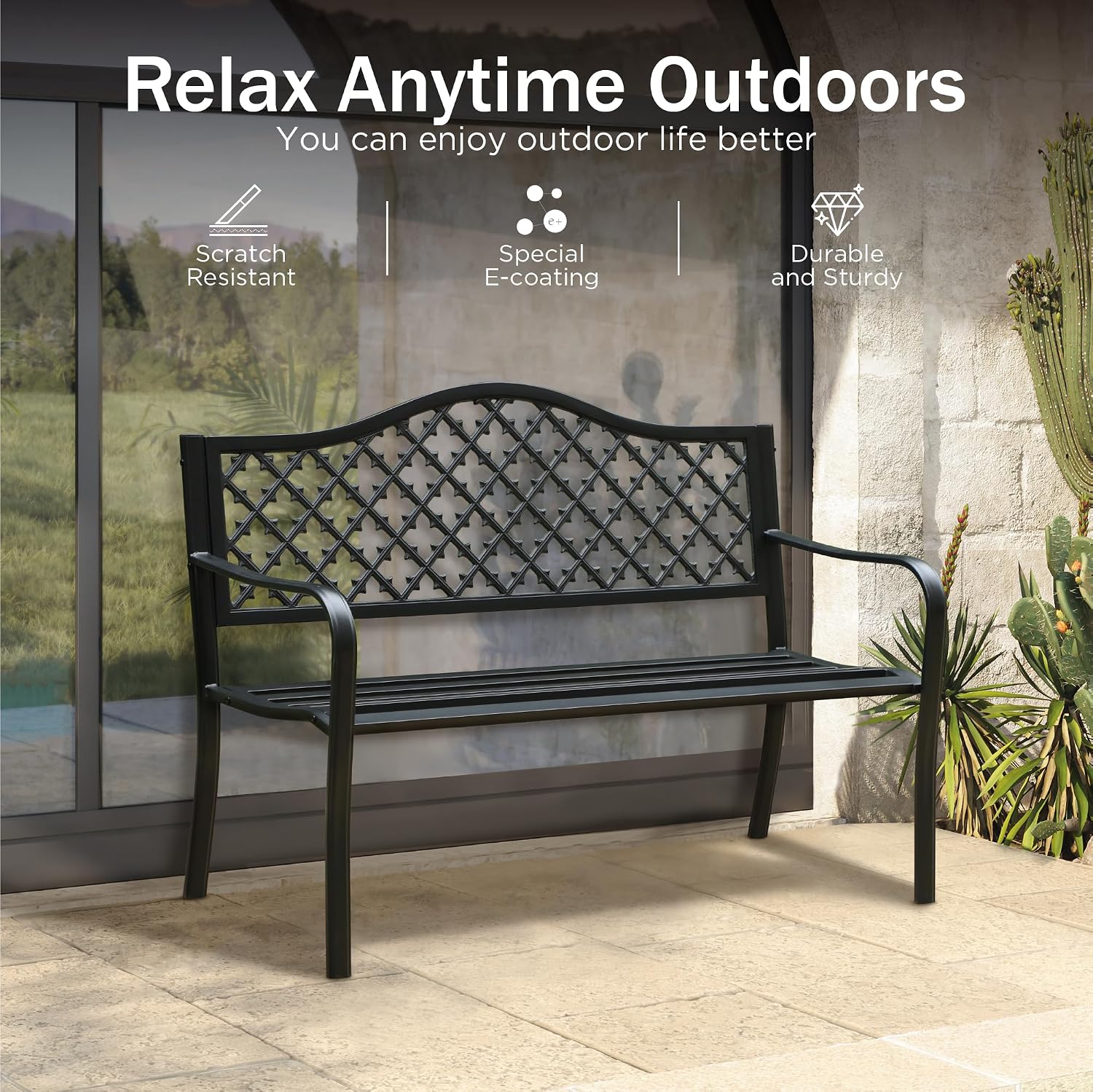 PHI VILLA 50' Outdoor Garden Patio Metal Bench for Outdoors with Plastic Backrest Armrests Sturdy Steel Frame, Black