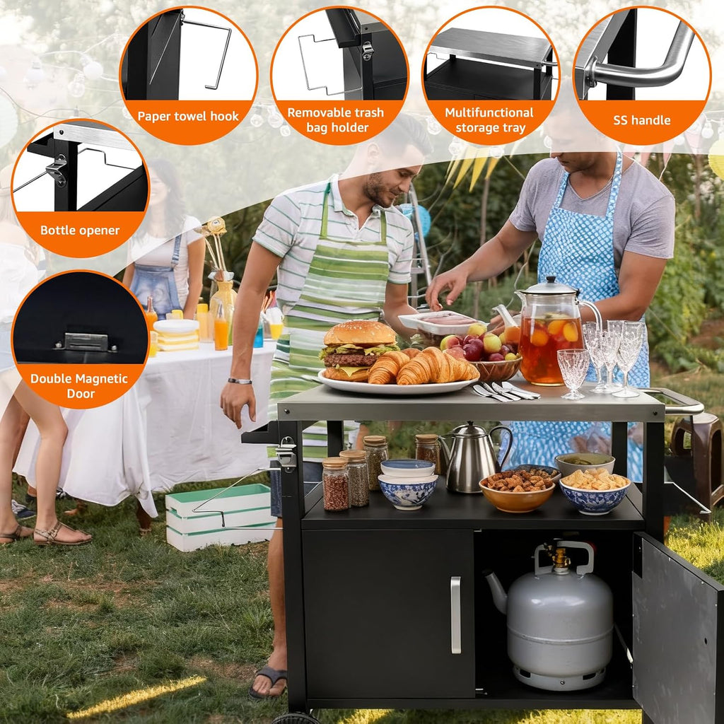 Heavy-Duty Outdoor Kitchen Island with Storage Cabinet - Movable BBQ Grill Table & Pizza Oven Stand, Portable Food Prep Station, Rolling Dining Cart for Patio, Backyard & Indoor Griddle Table