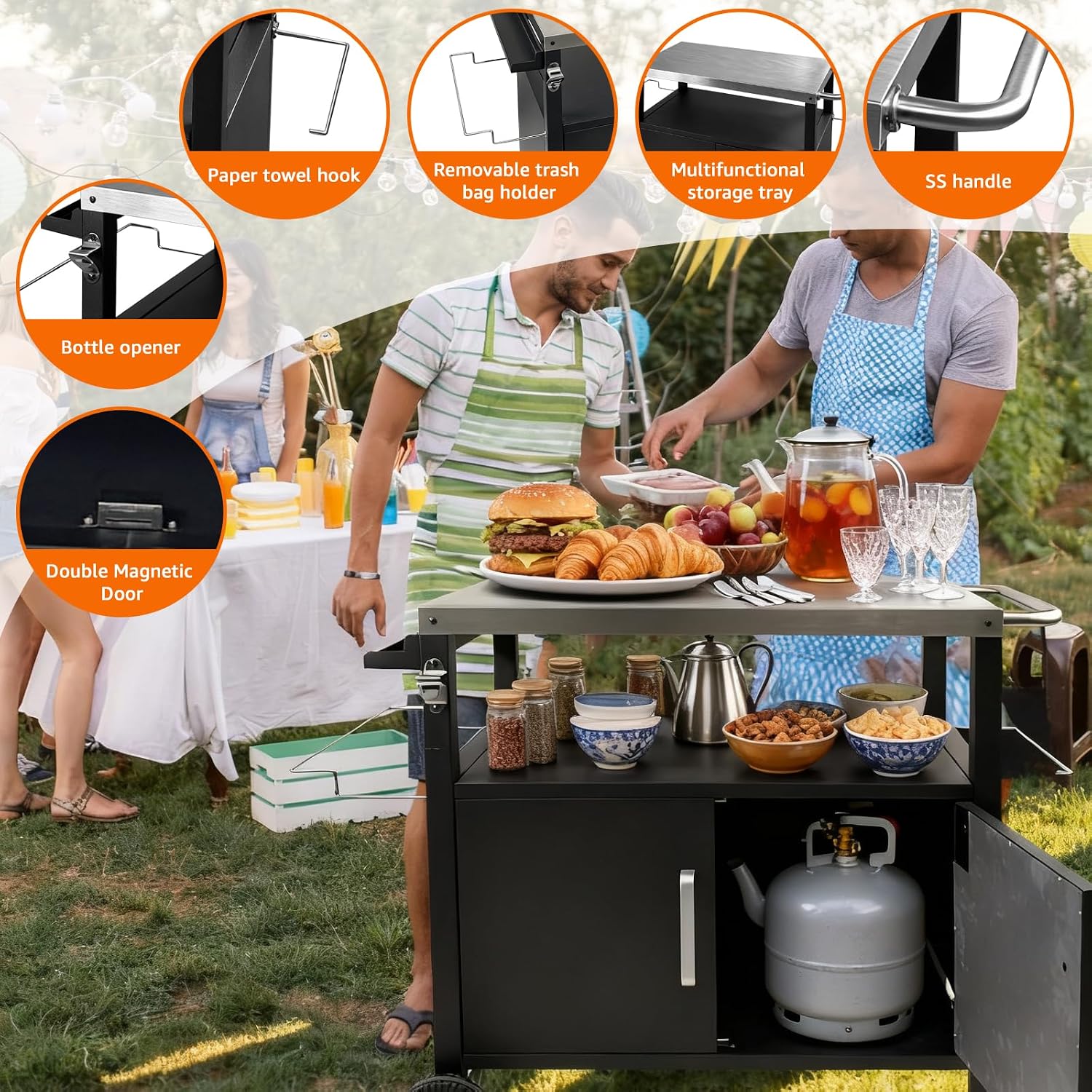 Heavy-Duty Outdoor Kitchen Island with Storage Cabinet - Movable BBQ Grill Table & Pizza Oven Stand, Portable Food Prep Station, Rolling Dining Cart for Patio, Backyard & Indoor Griddle Table
