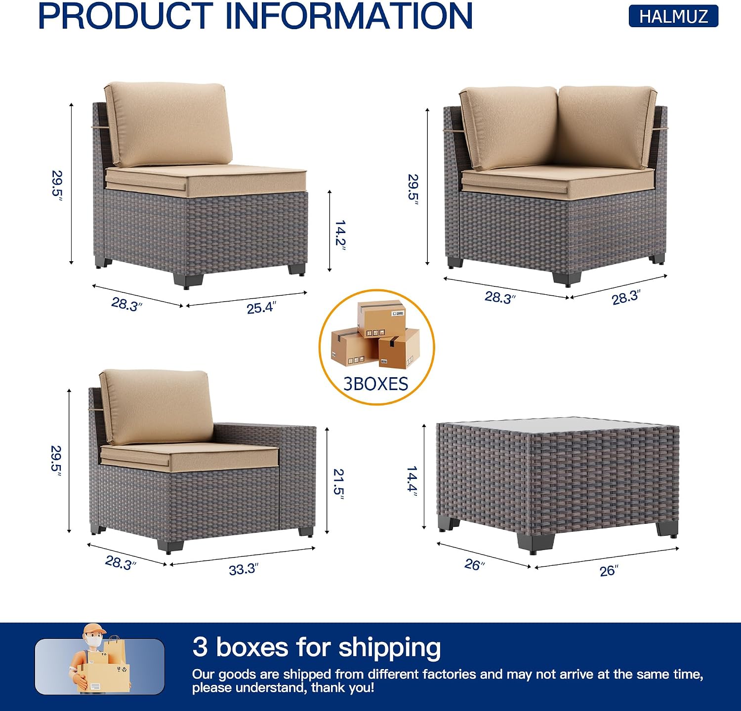 6 Pieces Patio Furniture Sets with Glass Tea Table,PE Rattan Wicker Patio Conversation Set with Washable Cushions,Outdoor Patio Sectional Furniture Set for Backyard, Poolside, Garden,Sand