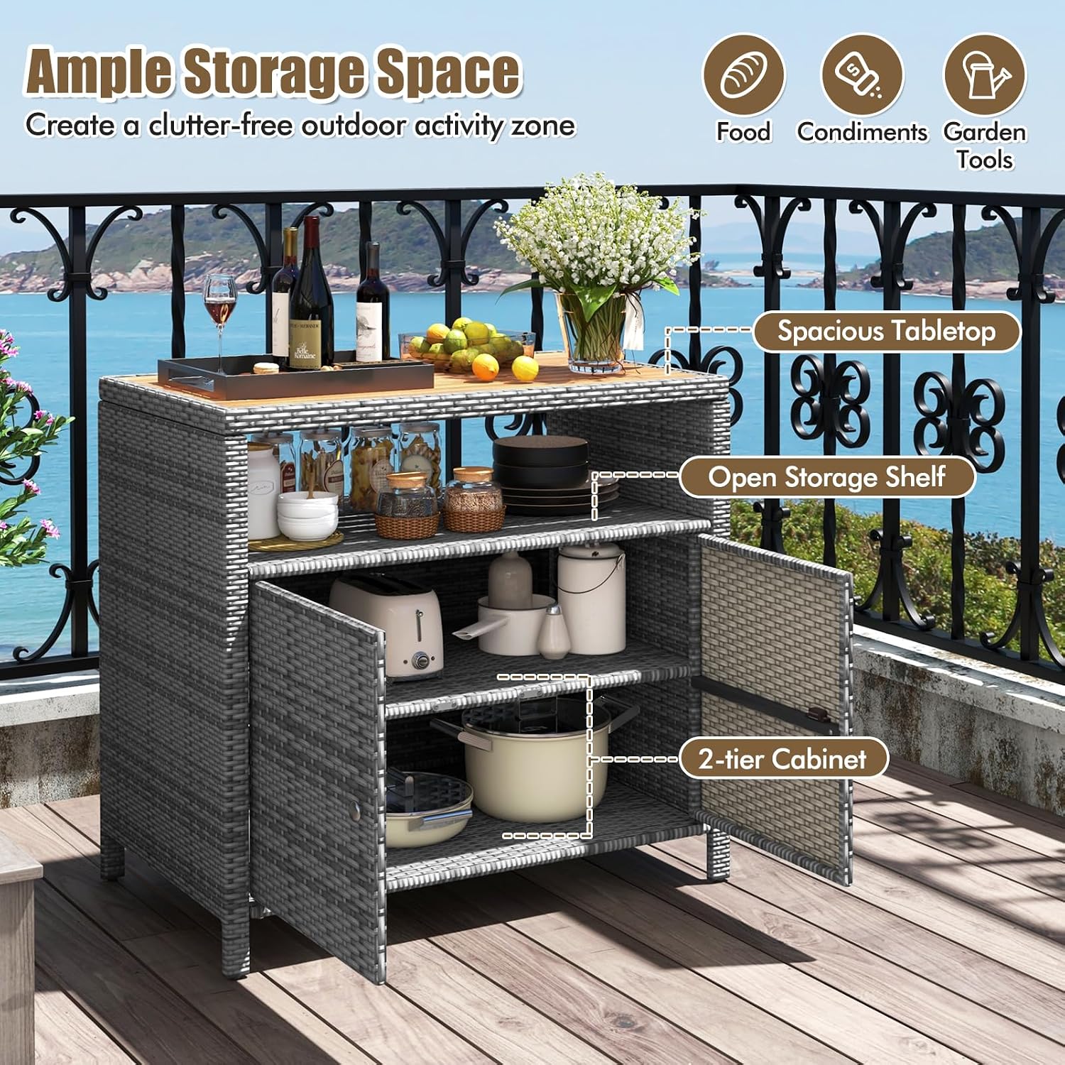 HAPPYGRILL Rattan Storage Cabinet, Patio Sideboard Buffet Cabinet with Acacia Wood Countertop, Open Shelf & 2 Door Cabinet, Wicker Storage Organizer for Garden Tools (Mixed Grey)