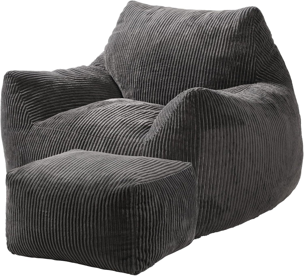 Big Bean Bag Chair for Adults, Ultra Soft Living Room Bean Bag with Armrests & Ottoman, Stuffed BeanBag Chair for Napping, Gaming, Vacuum-Compressed for Easy Gifting, 48h to Expand Dark Gray