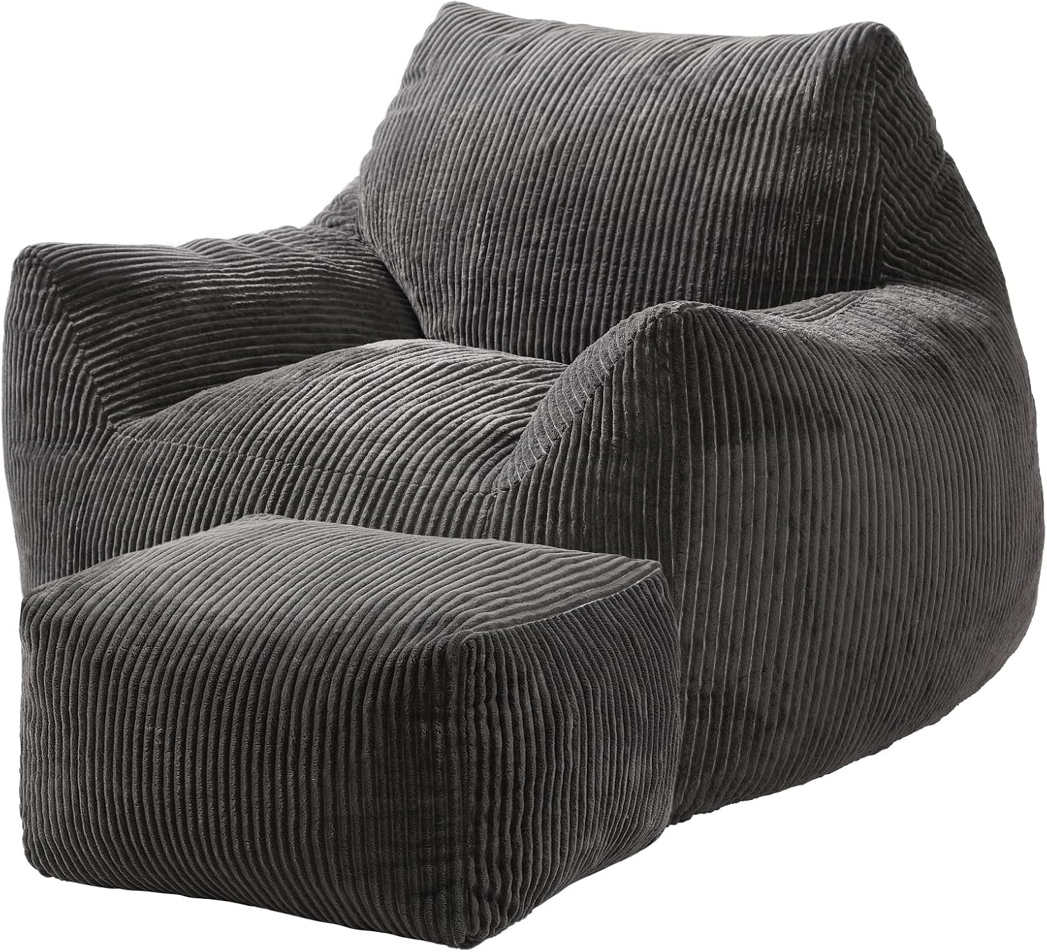 Big Bean Bag Chair for Adults, Ultra Soft Living Room Bean Bag with Armrests & Ottoman, Stuffed BeanBag Chair for Napping, Gaming, Vacuum-Compressed for Easy Gifting, 48h to Expand Dark Gray