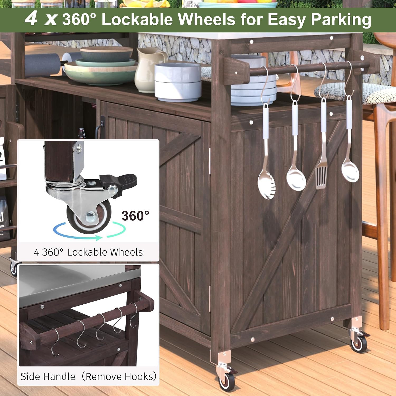Outdoor Kitchen Island with Stainless Steel Top, 53.3' Rolling Grill Cart with Adjustable Shelves, Raised Shelf, Lockable Wheels, Portable Outdoor Table and Bar Storage Cabinet for Patio